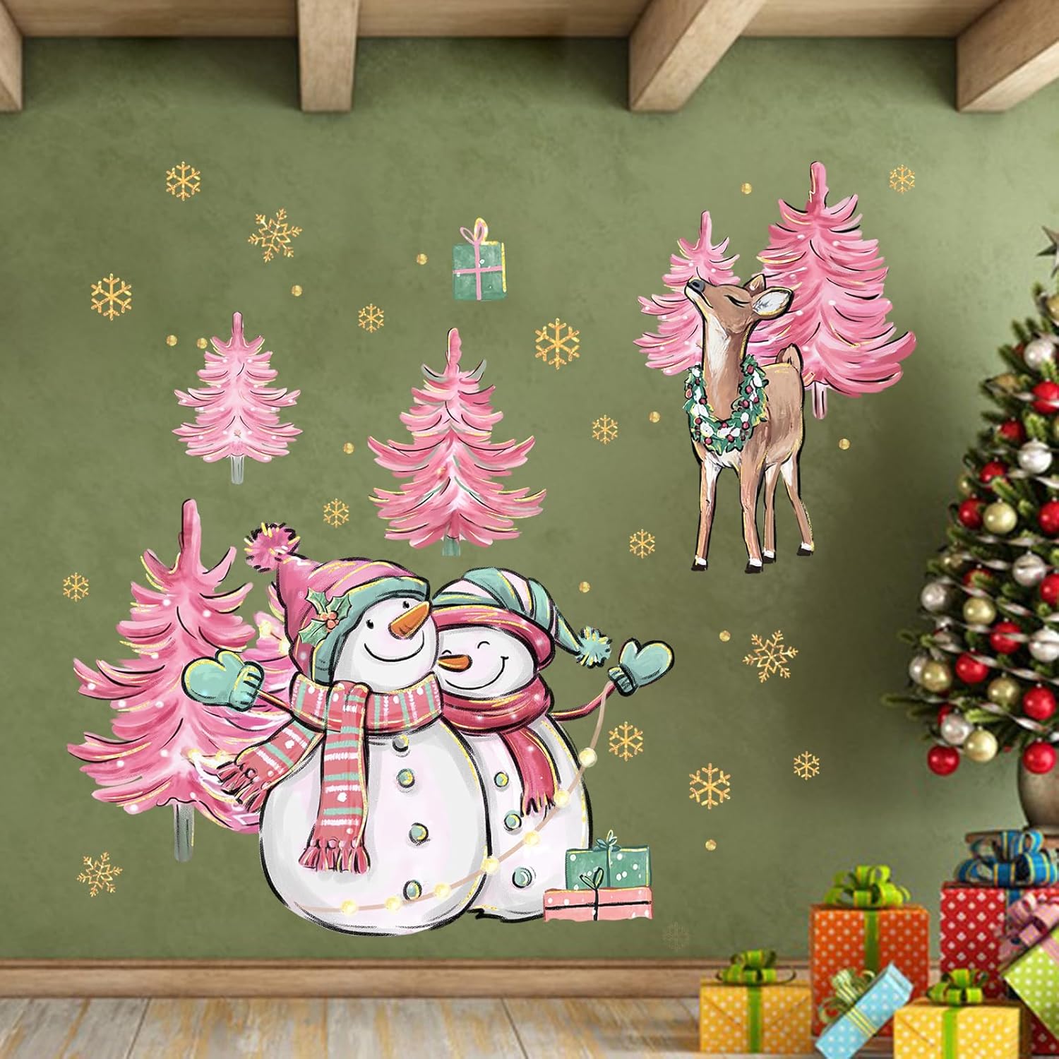 Yovkky Calcomanías de pared de muñeco de nieve de Navidad, árbol de Navidad rosa, reno de alce de Navidad, decoración de dormitorio de Año Nuevo,