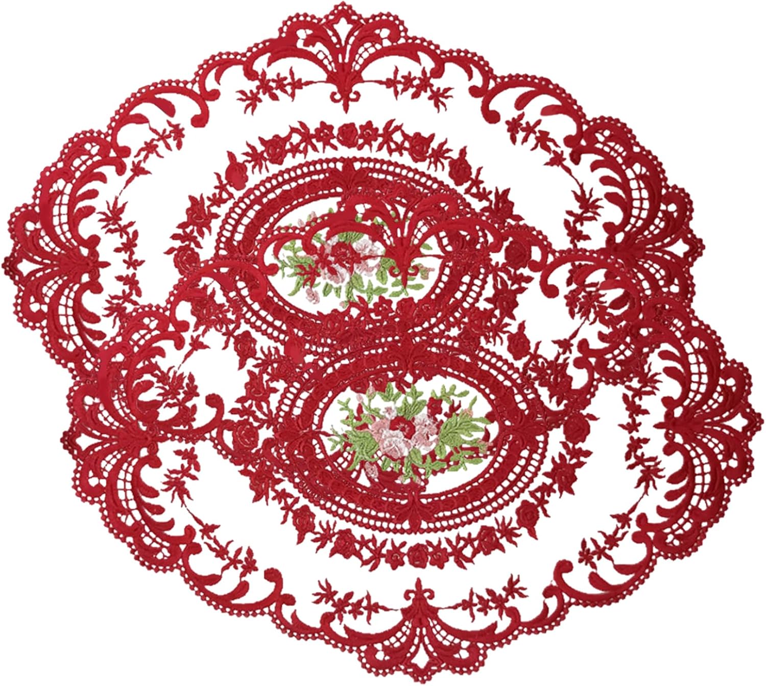 Mantel para mesa auxiliar, manteles individuales de encaje, 2 piezas de malla ovalada bordada de flores de 16.5 x 12.2 pulgadas, manteles