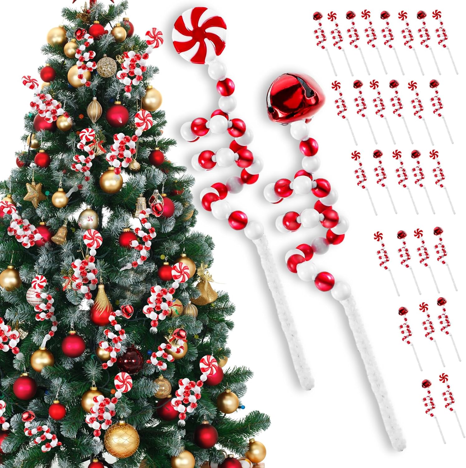 Bencailor 30 piezas de 8.66 pulgadas para árbol de Navidad de 8.66 pulgadas, decoración de campanas de Navidad, recogida rizada, piruleta roja y