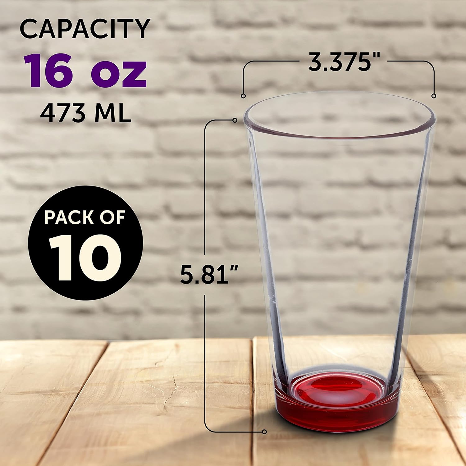 Libbey – Juego de 10 vasos de cerveza de 16 onzas, paquete a granel, vasos de cerveza, vasos de alta resistencia, color rojo