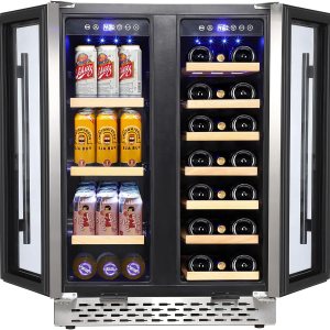 Refrigerador de vino y bebidas, 24 pulgadas, 55 latas y 20 botellas, enfriador de vino grande de doble zona con compresor silencioso, LED azul, Refrigerador de vino y bebidas, 24 pulgadas, 55 latas y 20 botellas, enfriador de vino grande de doble zona con compresor silencioso, LED azul,