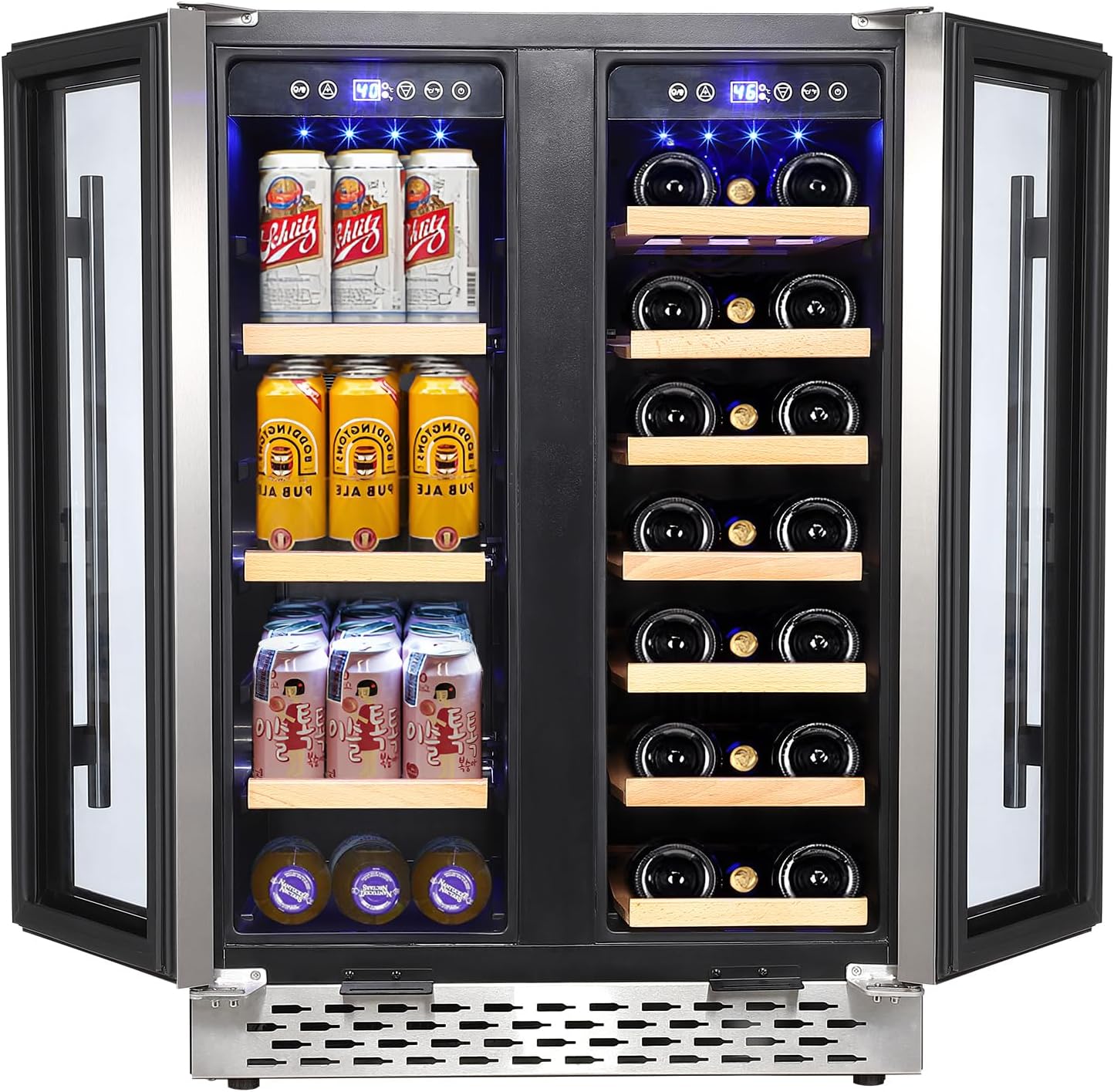 Refrigerador de vino y bebidas de 24 pulgadas, enfriador de vino de doble zona con capacidad para 40 botellas, 120 litros integrado e independiente,