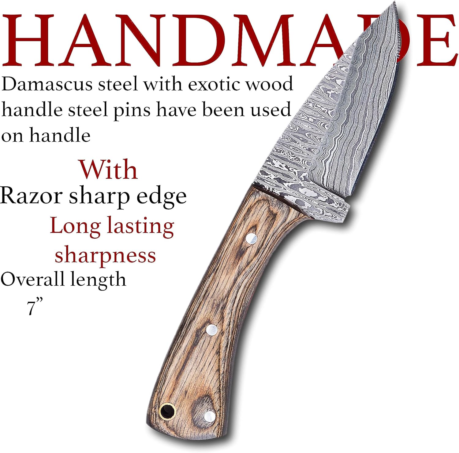 YA FORGE -Cuchillo de caza de 7 pulgadas, cuchillo de supervivencia de acero de Damasco forjado a mano, Handel de madera de Pakka con pasadores de