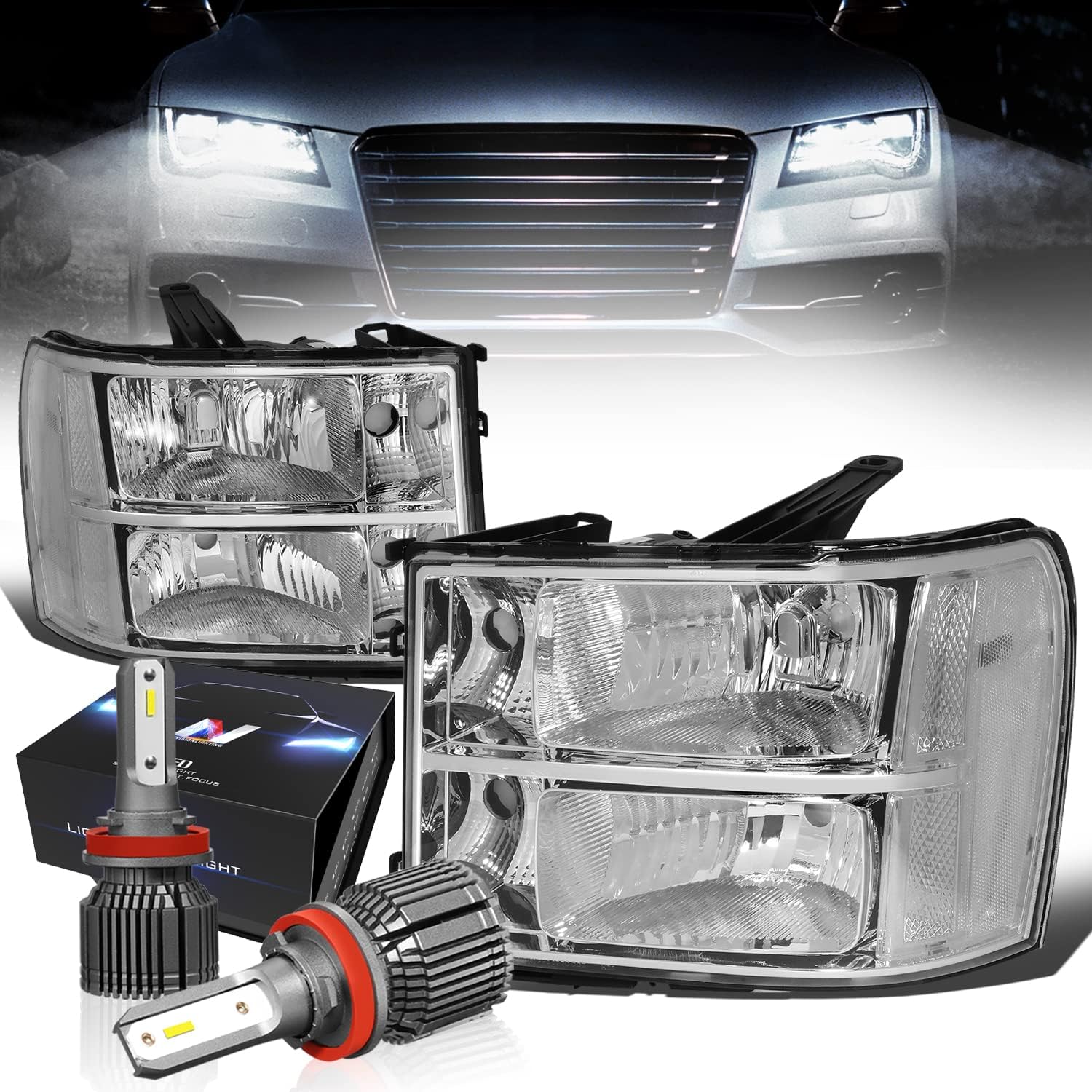 DNA MOTORING HL-OH-GMCSIE07-CH-CL1-CFS-H8 – Faros delanteros de lente transparente con carcasa cromada compatibles con GMC Sierra 1500 07-13 con