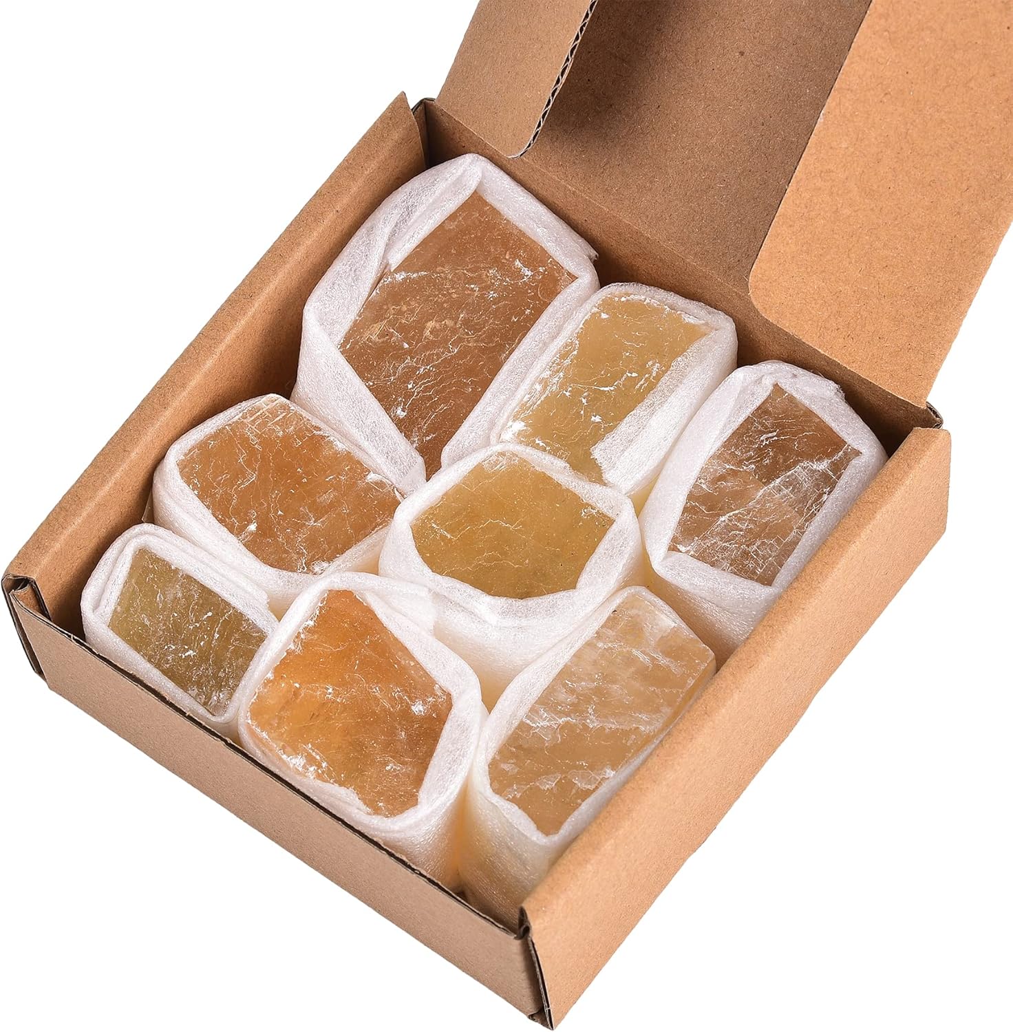 AMOYSTONE Calcita natural de Islandia de 1 libra de calcita óptica amarilla en caja, 7-8 piezas de cristales naranjas irregulares piedras ásperas de