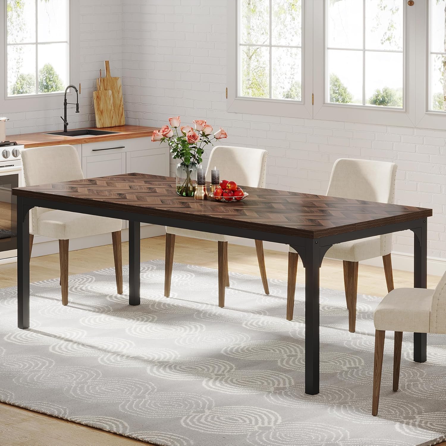 Tribesigns Mesa de comedor de granja para 6-8, 70.9 pulgadas, mesa de cocina rectangular de madera con patas de metal resistentes, mesa de comedor