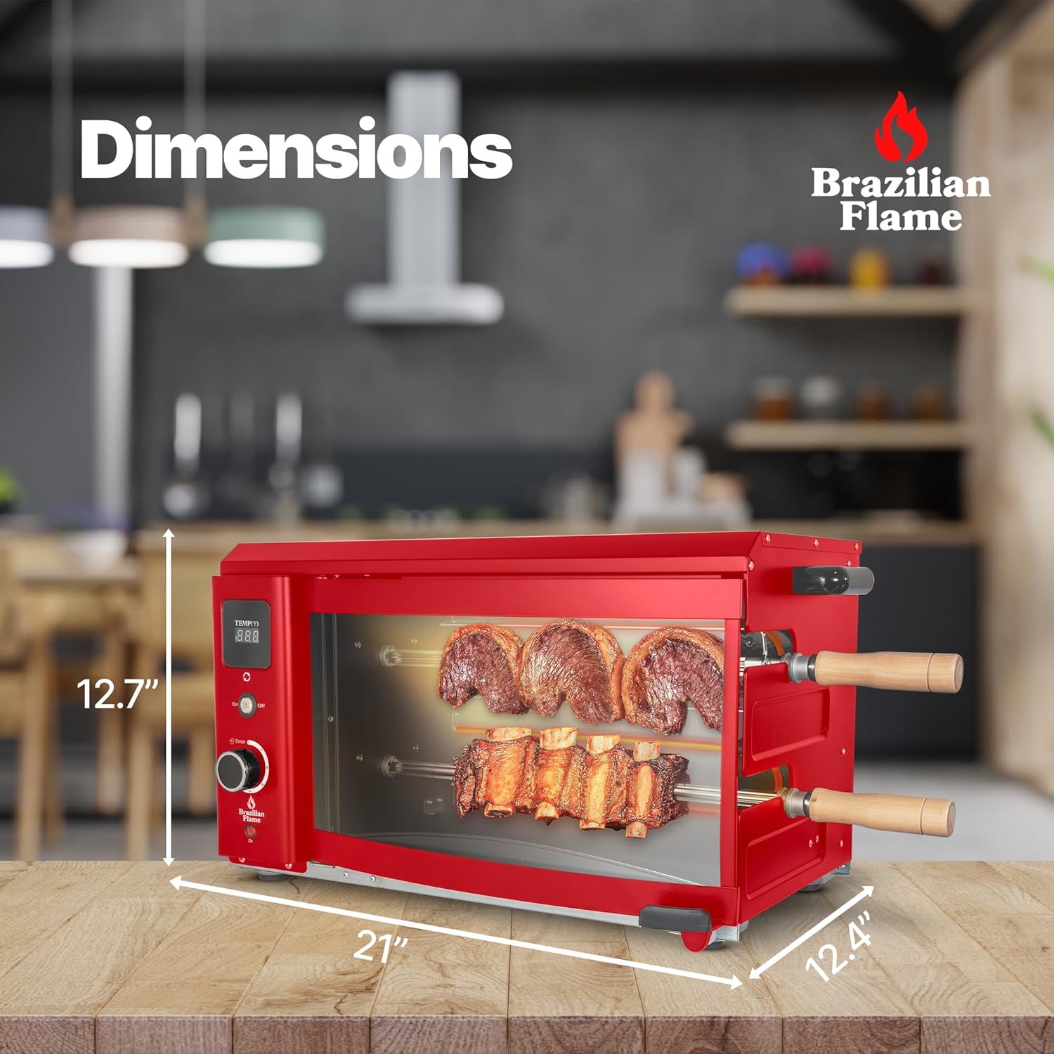 Brazilian Flame Asador de parrilla con 2 pinchos giratorios automáticos para interiores para pollo, filete, pescado, barbacoa de estilo brasileño,