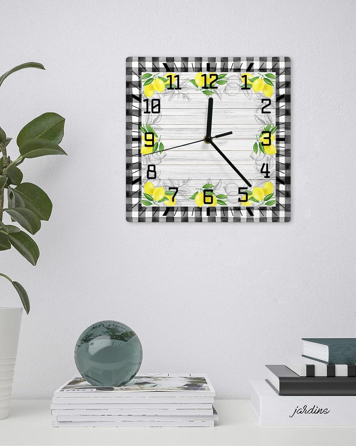 Wall Clock Yellow Lemon Battery Operated Clocks Wooden Silent Non-Ticking Wallclock 12 Inch Summer Fruit Lemon Farmhouse Plaid Square Wall Clock for