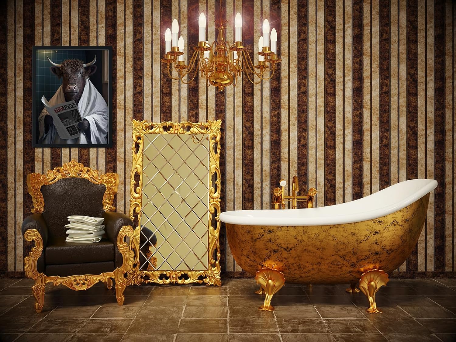 Divertido lienzo de pared para baño, vaca de las tierras altas en el inodoro, pintura vintage con estampado de animales, decoración moderna de pared