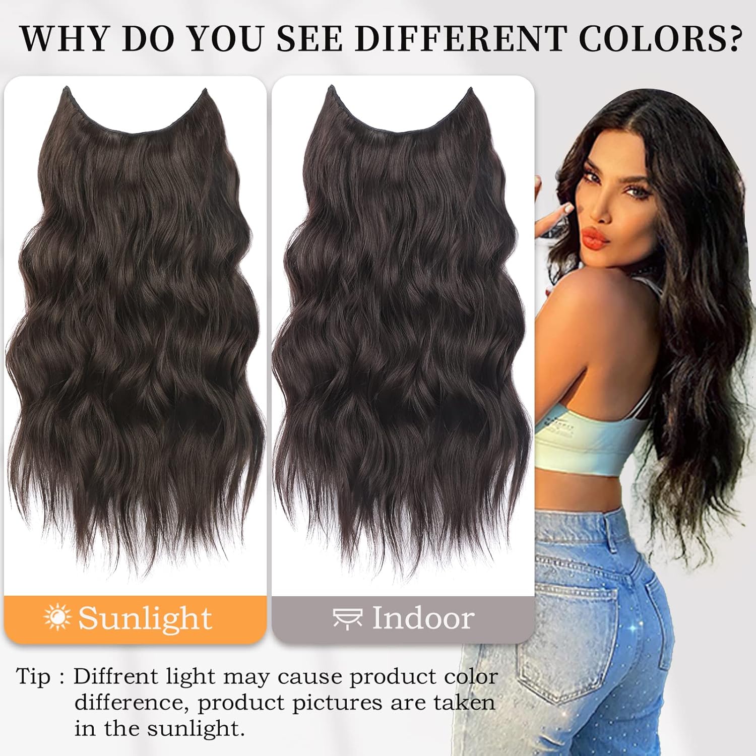 Extensiones de cabello sintético largo ondulado de 20 pulgadas con alambre transparente ajustable, con 4 clips seguros, para uso diario en fiestas