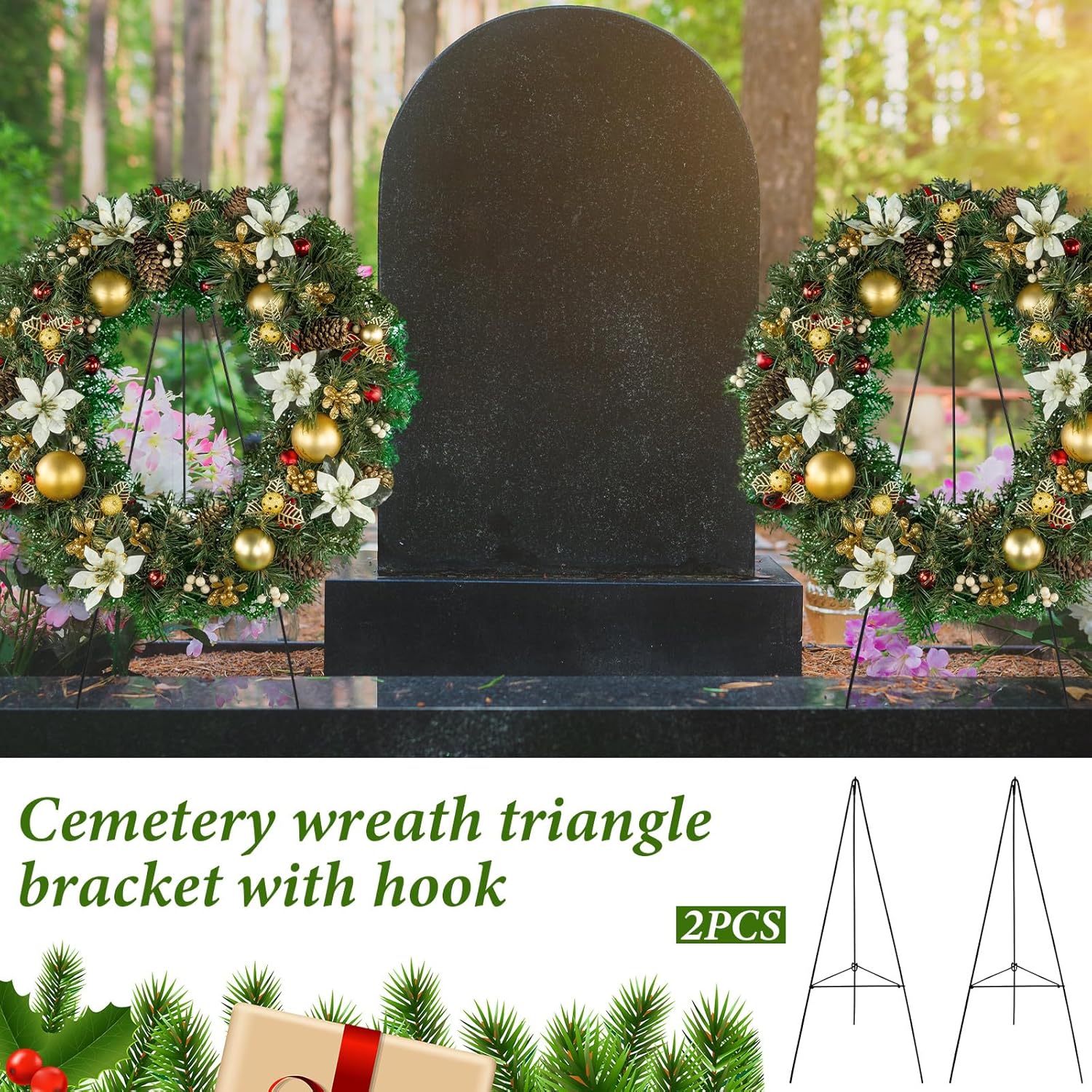 Soaoo Paquete de 2 soportes de corona de Navidad, caballete de metal para cementerio, tumba, soporte de corona de lápida para lápida, decoración de