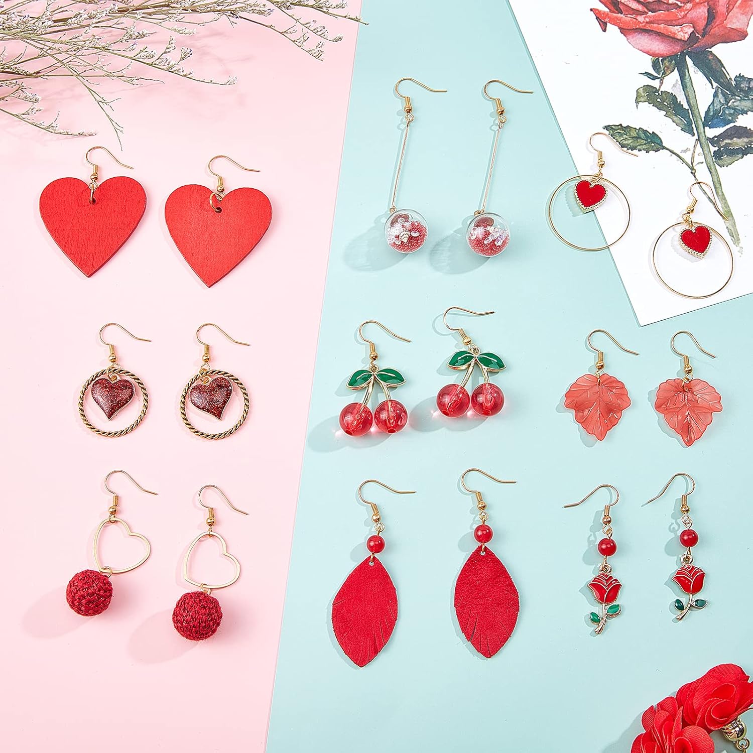 SUNNYCLUE 1 caja de bricolaje 10 pares de aretes de San Valentín, diseño de flores rojas y cerezas, colgantes de tela redonda de tela con corazón y