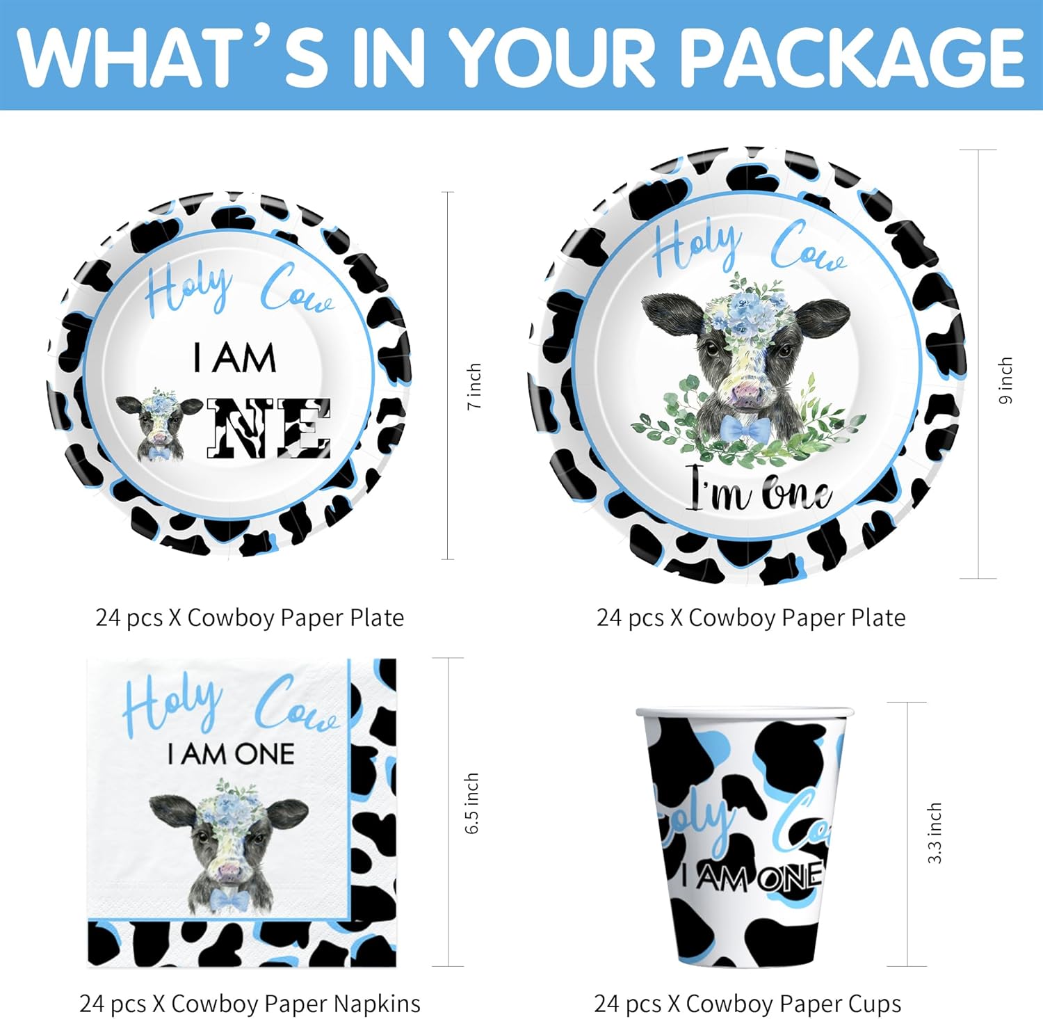 Holy Cow – Decoraciones de cumpleaños con texto en inglés “I’m One”, suministros para fiesta de primer cumpleaños con estampado de vaca, platos,