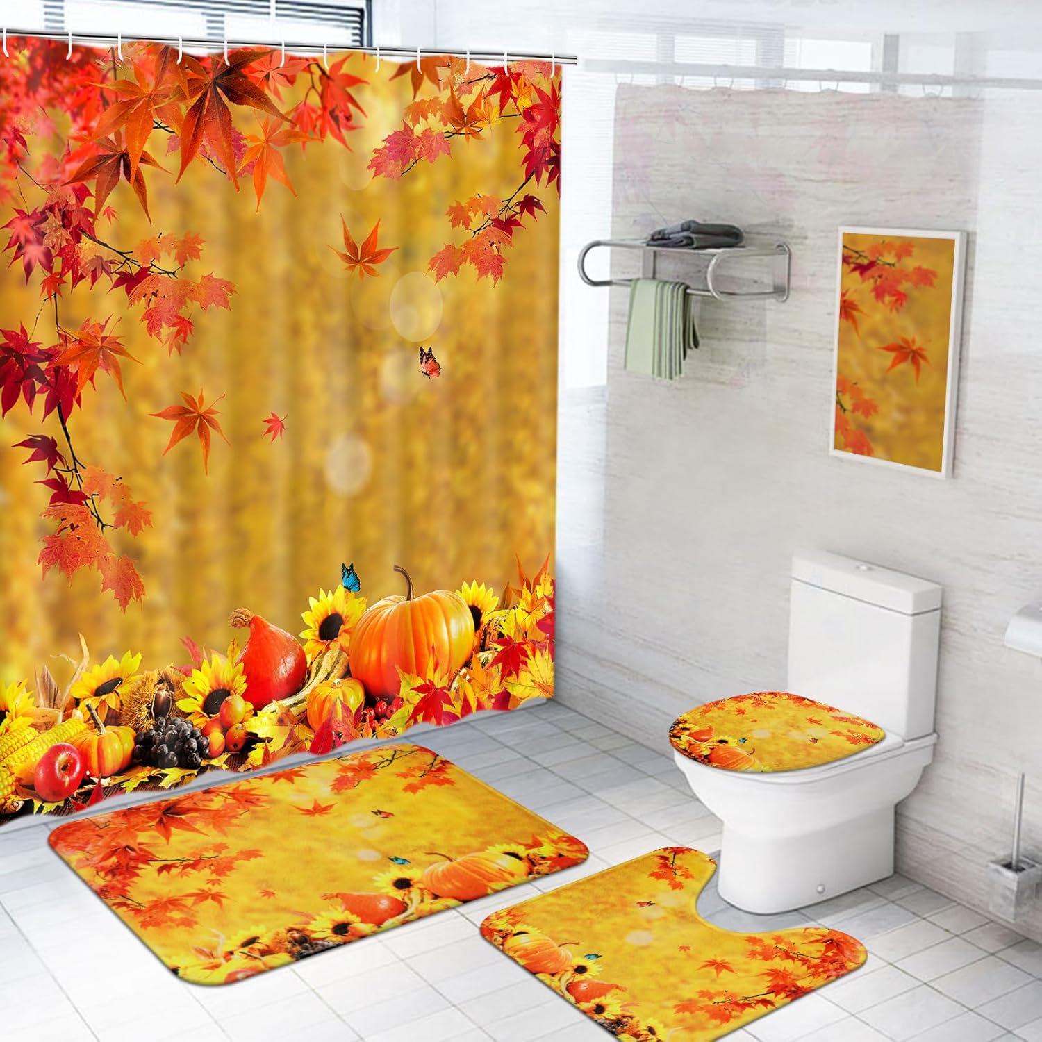 Juego de cortinas de ducha de Acción de Gracias, hojas de arce, juegos de baño de otoño con cortina de ducha y alfombras, cortina de ducha de