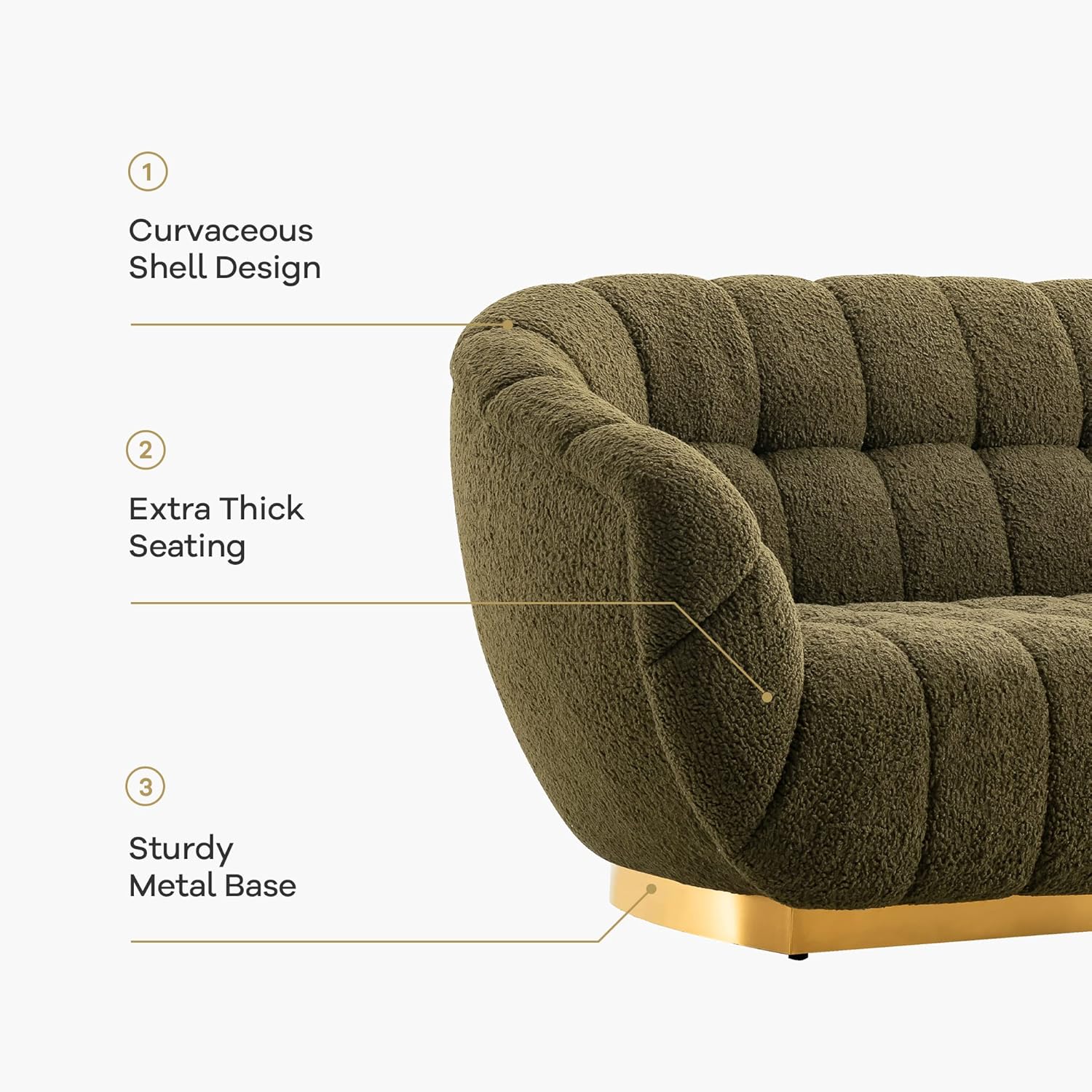 Acanva Sofá de sala de estar similar a la lana, estilo moderno de mediados de siglo con rendimiento de conchas marinas y base de metal, decoración