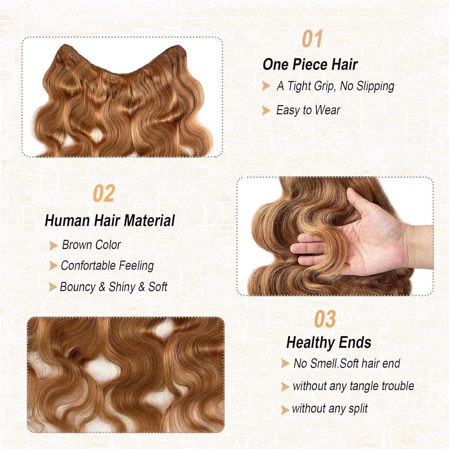 Extensiones de cabello humano ondulado con clip de 16 pulgadas, extensiones de cabello humano con clip de doble trama, una pieza, 100% cabello