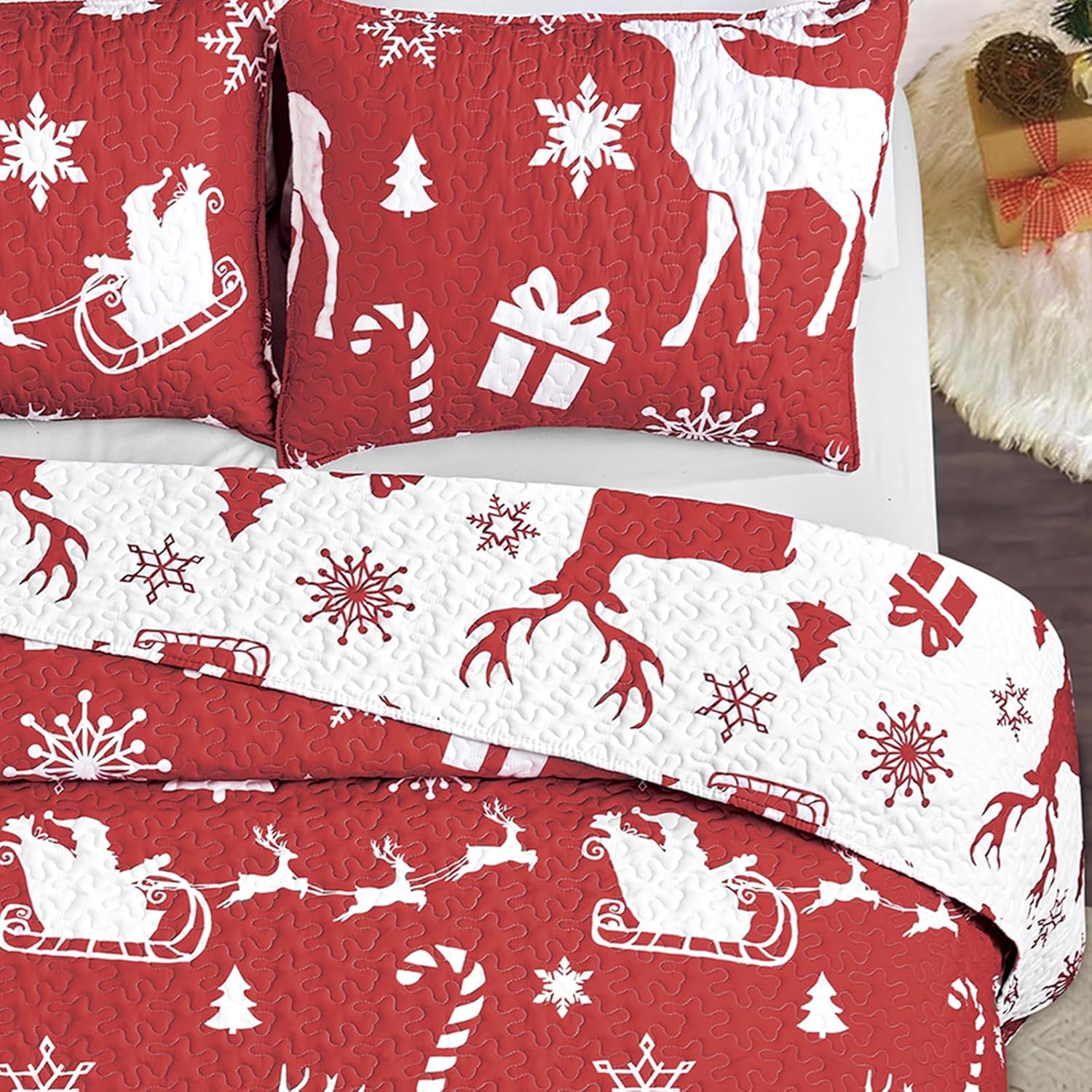 Mocaletto Juego de edredón de lujo de 3 piezas tamaño Queen, elegante y reversible, juego de ropa de cama de Navidad con funda de almohada, colcha