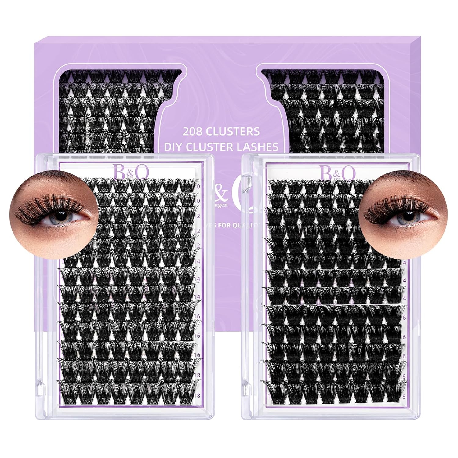 Extensiones de pestañas en racimo de 208 unidades, pestañas individuales B05+B06, extensiones de pestañas de 0.35-0.70 pulgadas, extensiones de