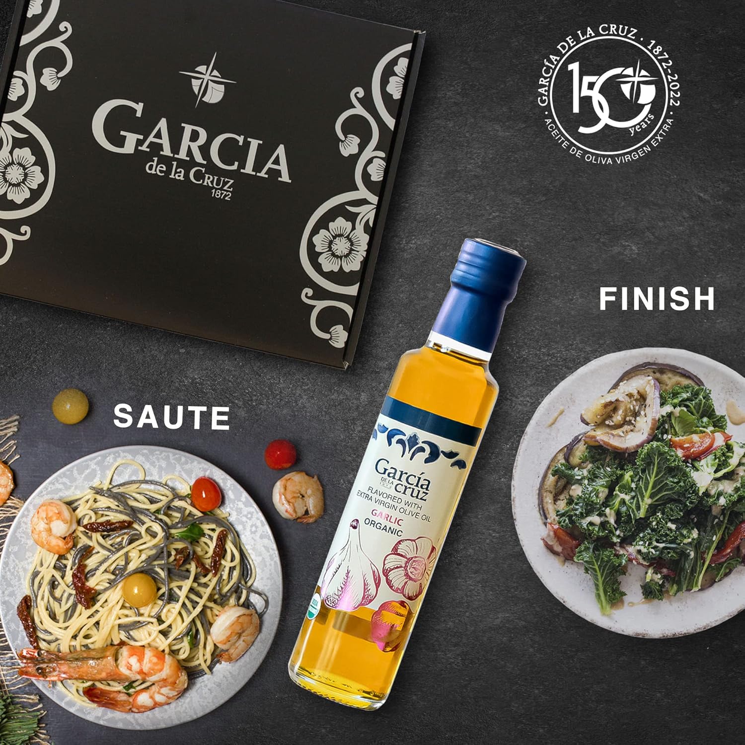 Aceite de oliva con infusión de ajo de Garcia de la Cruz, aceite de oliva orgánico español de primera calidad, de origen único, sin OMG y orgánico