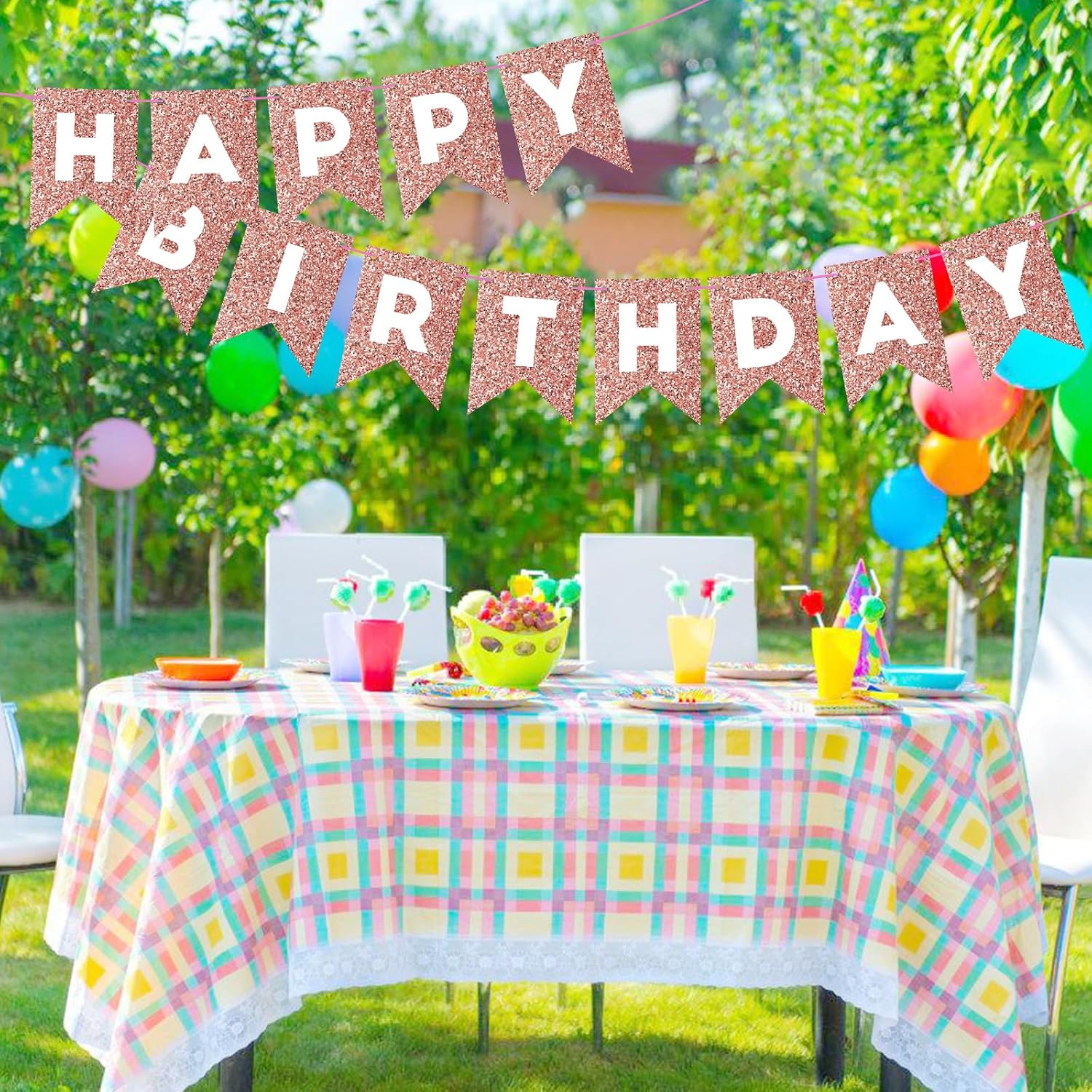 Cartel de feliz cumpleaños de oro rosa con purpurina para telón de fondo, decoraciones de cumpleaños de oro rosa, guirnalda de banderines para
