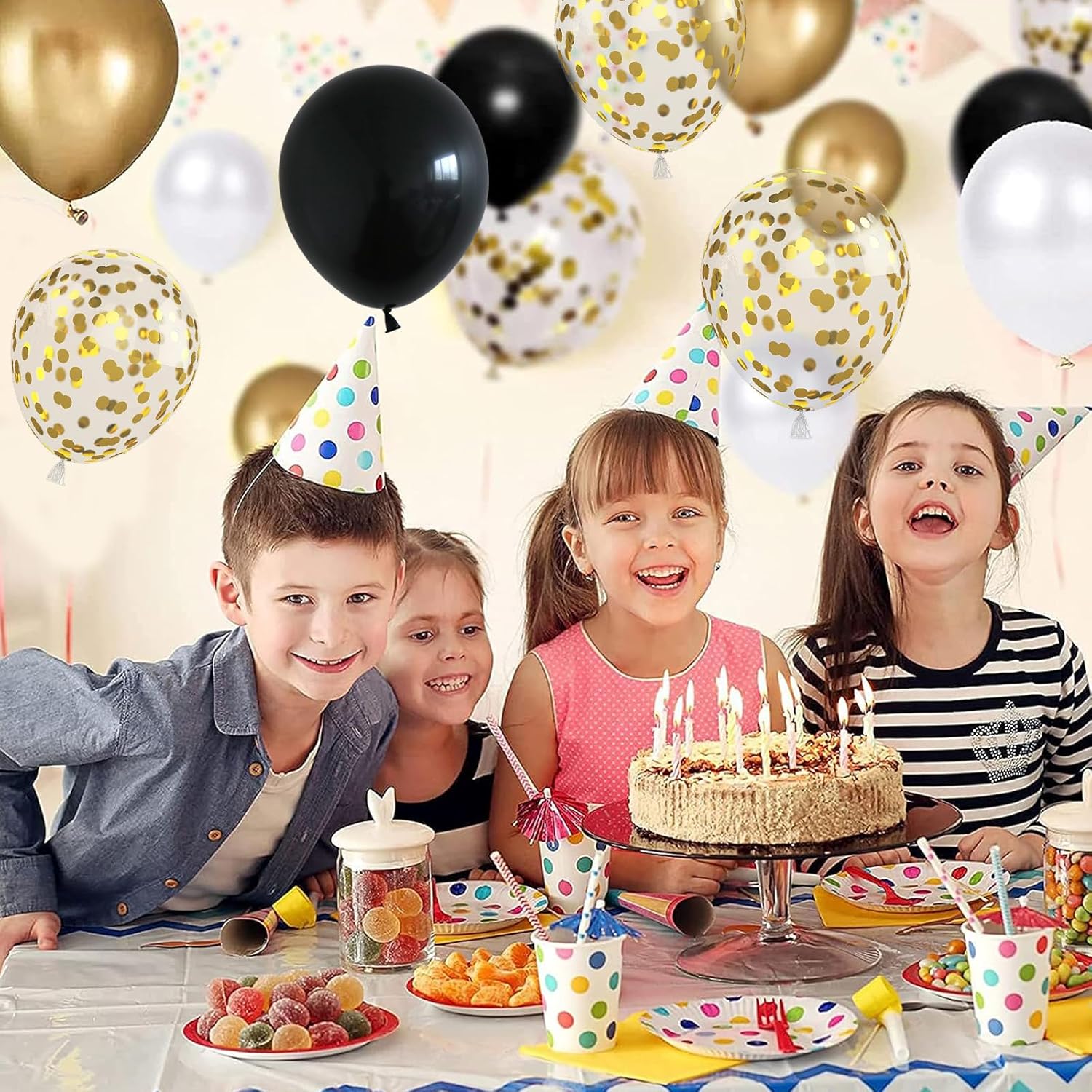 Globos negros y dorados, 60 paquetes de globos de mármol de ágata negra y blanca de 12 pulgadas con globos de confeti dorado metálico para hombres y