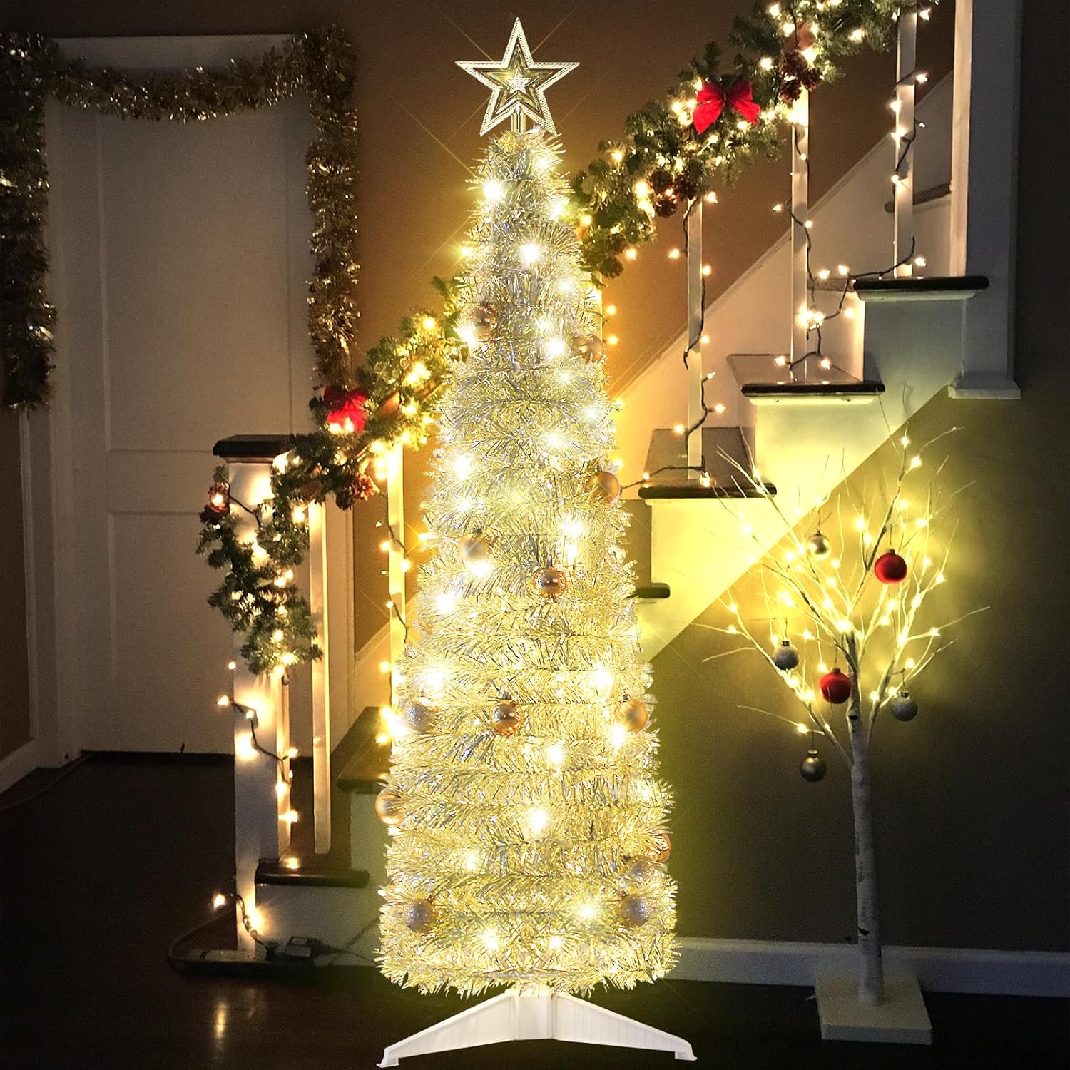 Árbol de Navidad desplegable de 4 pies para decoración de interiores, mini árbol de Navidad preiluminado con 60 luces, árbol de Navidad artificial