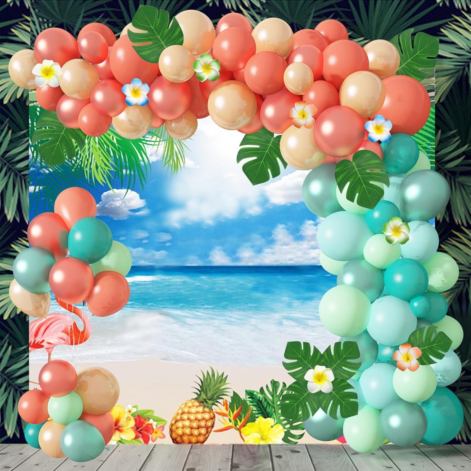 Ouddy Party Kit de arco de guirnalda de globos tropicales, globos de 12 pulgadas, 10 pulgadas, 5 pulgadas, color oro rosa, azul rubor, hojas de