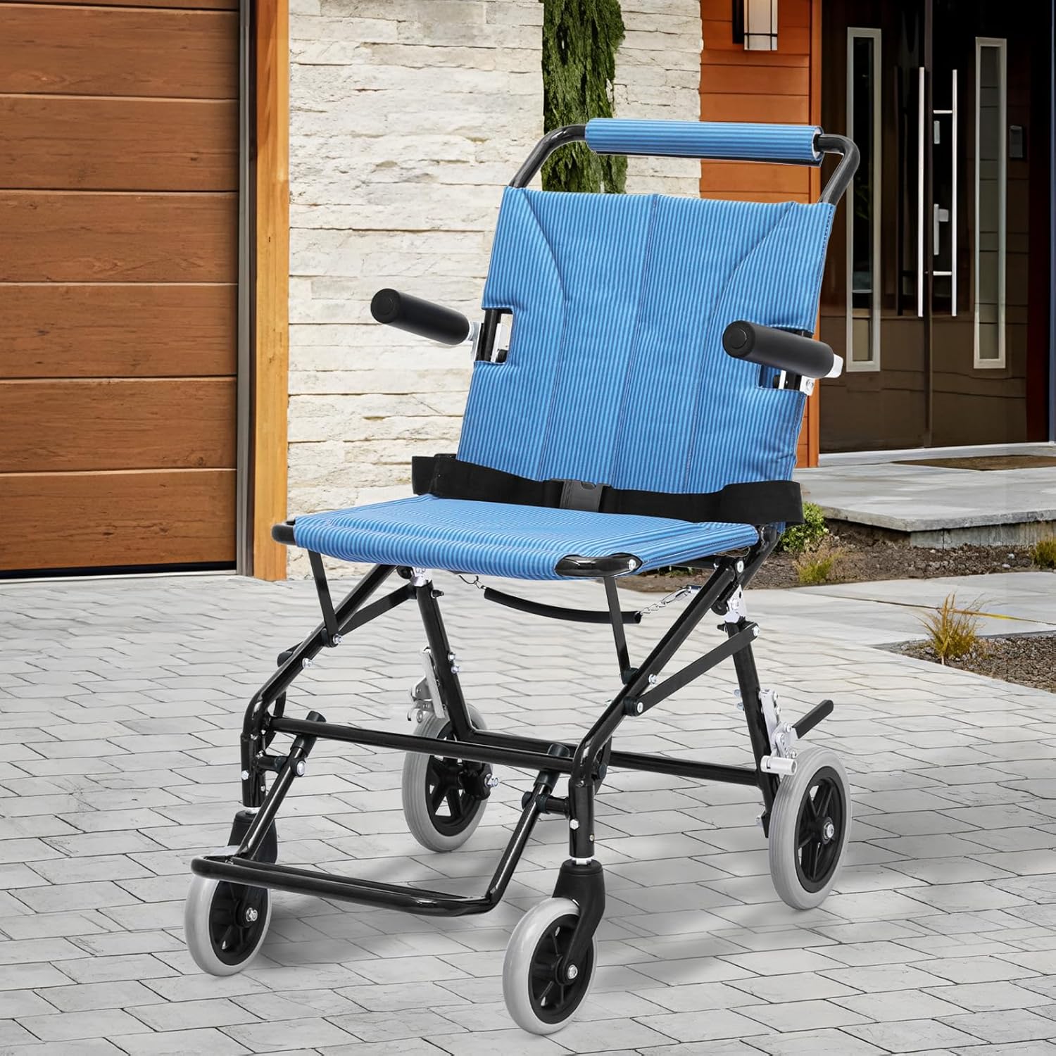 Silla de ruedas ligera para adultos, asiento plegable de transporte de 18 pulgadas, silla de ruedas plegable con reposapiés elevable para viajes de