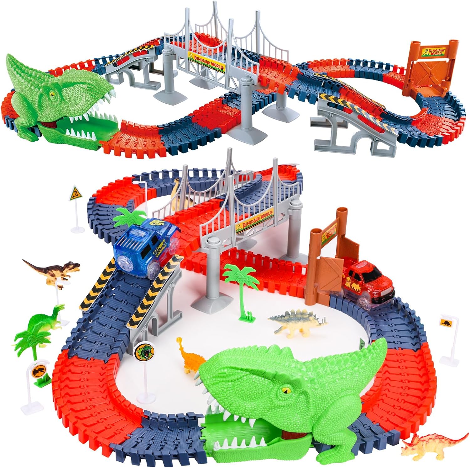 Pista de autos de carreras de dinosaurios para niños pequeños, niñas, niños, pista flexible con 2 autos con luz LED para niños de 3, 4, 5, 6 años en