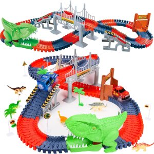 Pista de autos de carreras de dinosaurios para niños pequeños, niñas, niños, pista flexible con 2 autos con luz LED para niños de 3, 4, 5, 6 años en Pista de autos de carreras de dinosaurios para niños pequeños, niñas, niños, pista flexible con 2 autos con luz LED para niños de 3, 4, 5, 6 años en