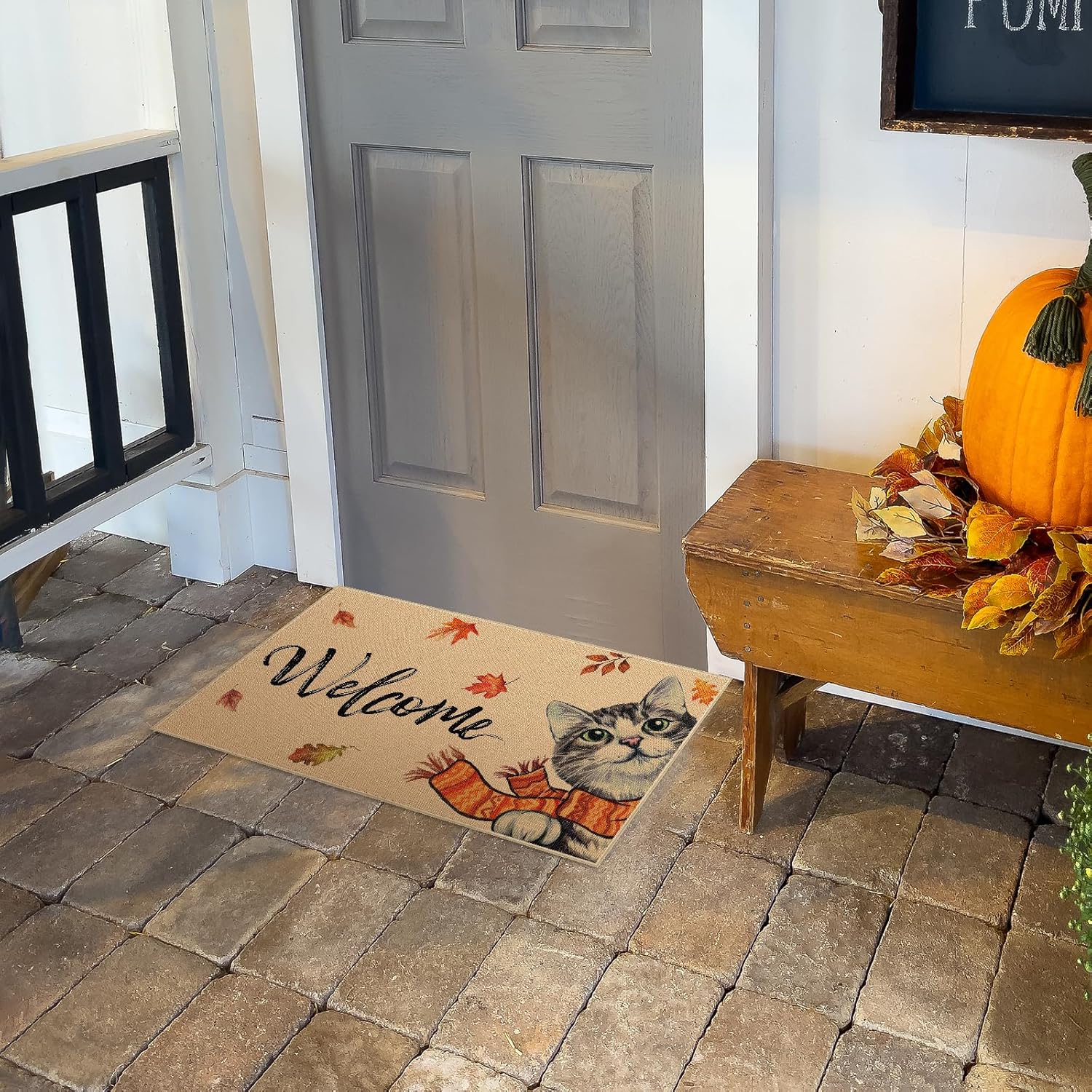 Felpudo de bienvenida de otoño con diseño de gato, parte trasera de goma antideslizante, tapete para puerta de otoño, Acción de Gracias, decoración