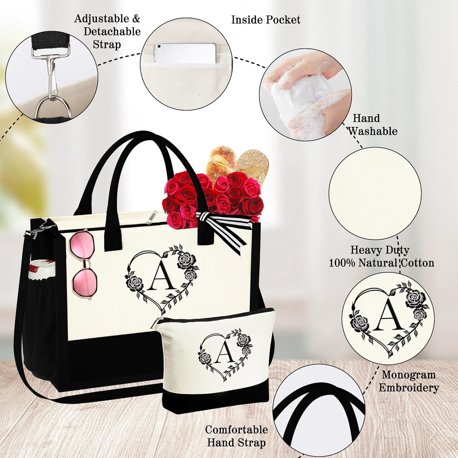 YOOLIFE Bolsa de lona con inicial, bolsa de playa con cremallera, bolsa de maquillaje, regalo de cumpleaños, día de San Valentín, para mujeres,