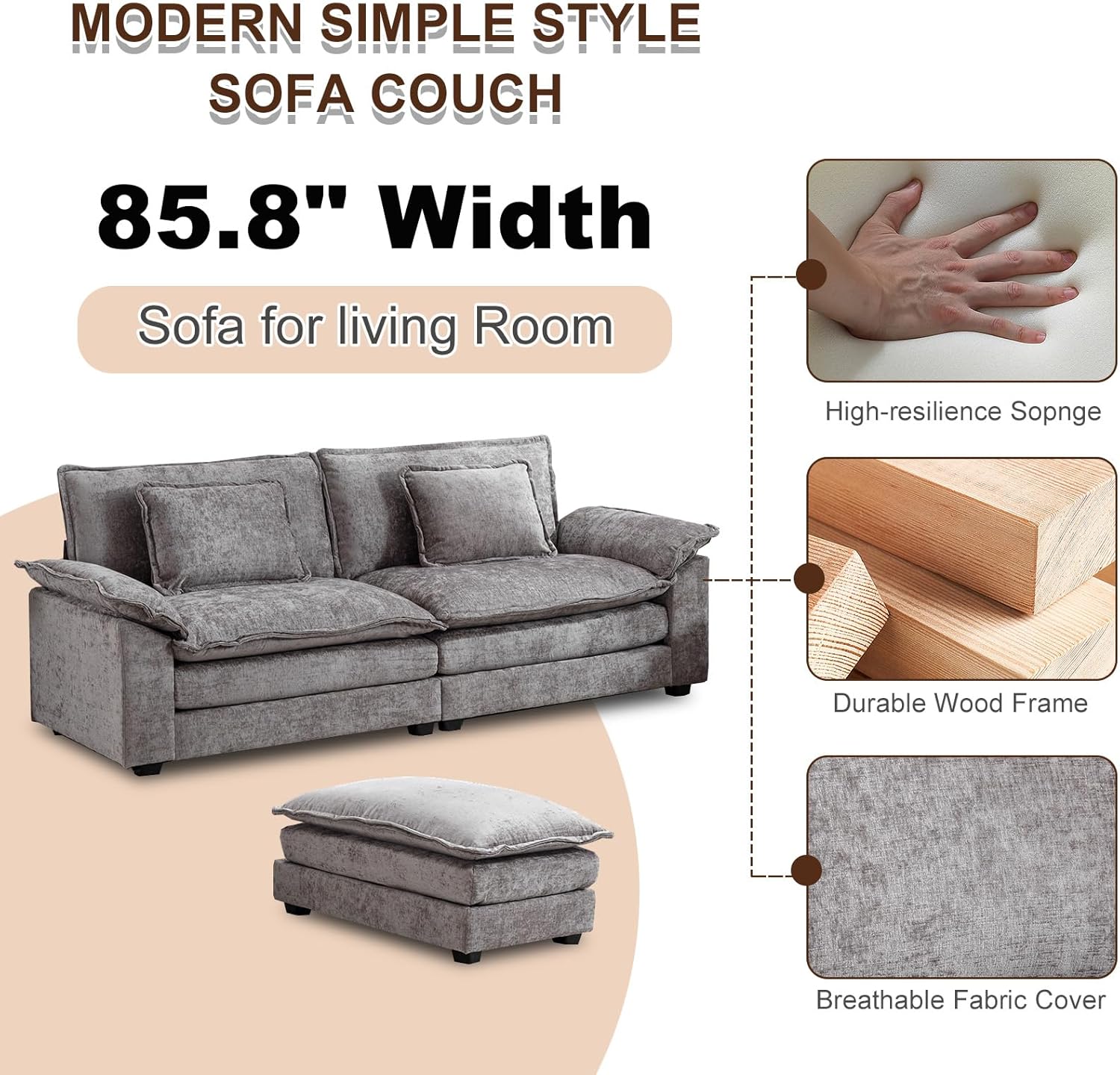 Cómodo sofá modular de felpilla de 85.4 pulgadas, cómodo sofá modular en forma de L para sala de estar, dormitorio, apartamento, oficina (gris claro)