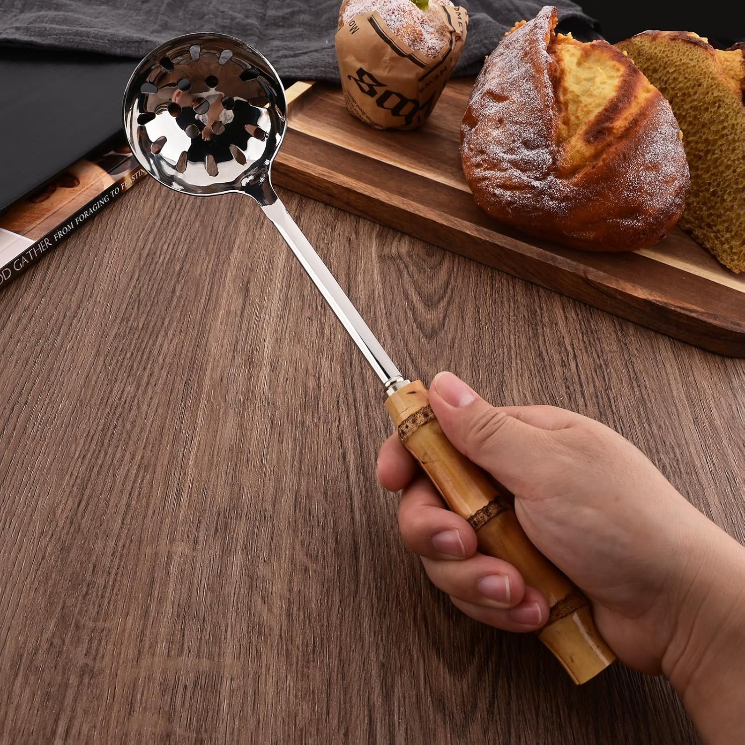 Juego de cucharón de sopa y cuchara ranurada, utensilios de servir de acero inoxidable 304 con mango de bambú natural, cucharas de sopa para servir