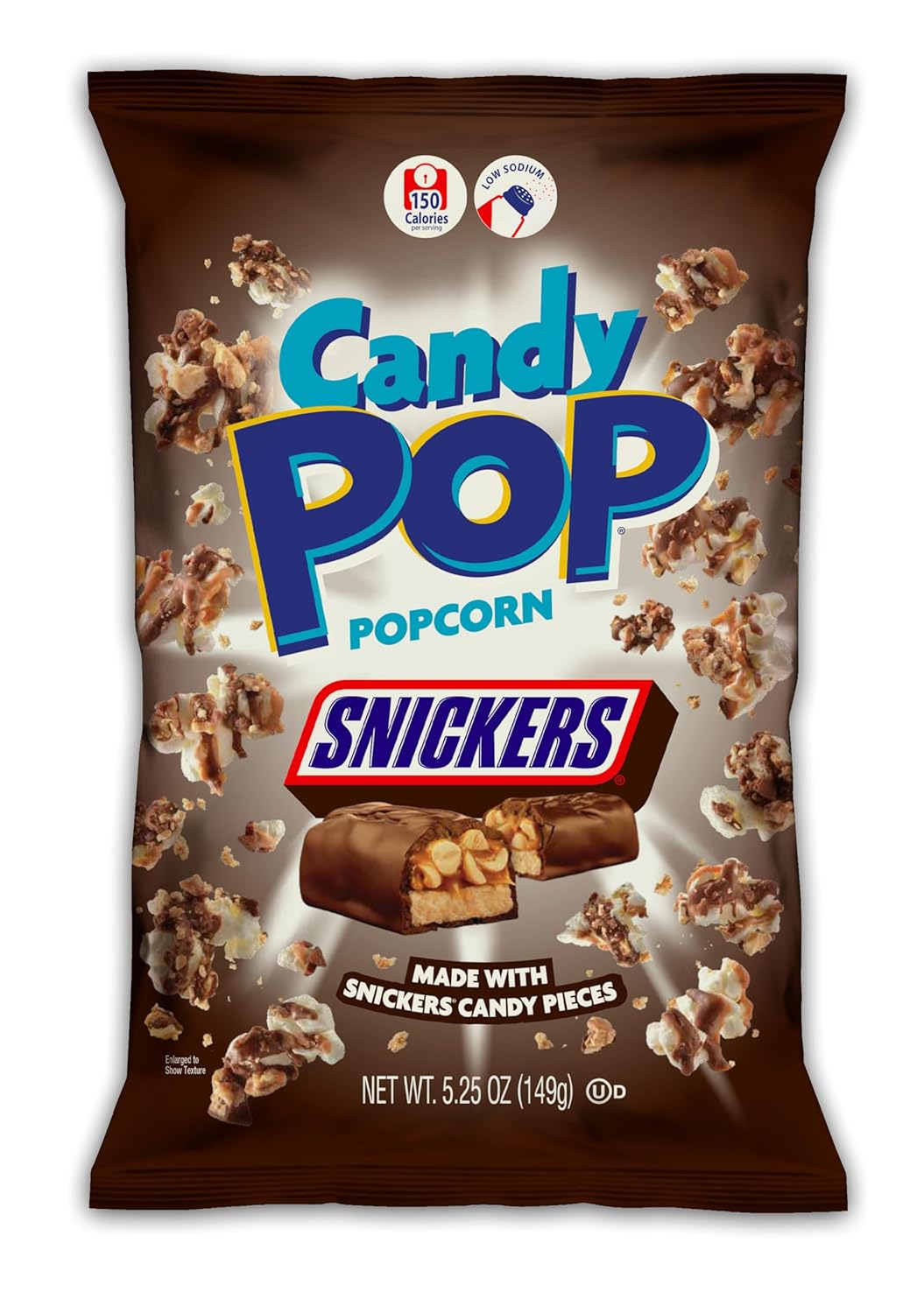 CANDY POP Snickers – Palomitas de maíz recubiertas de caramelo (bolsas de 5.25 onzas) hechas con piezas de caramelo de Snickers reales, paquete de 12