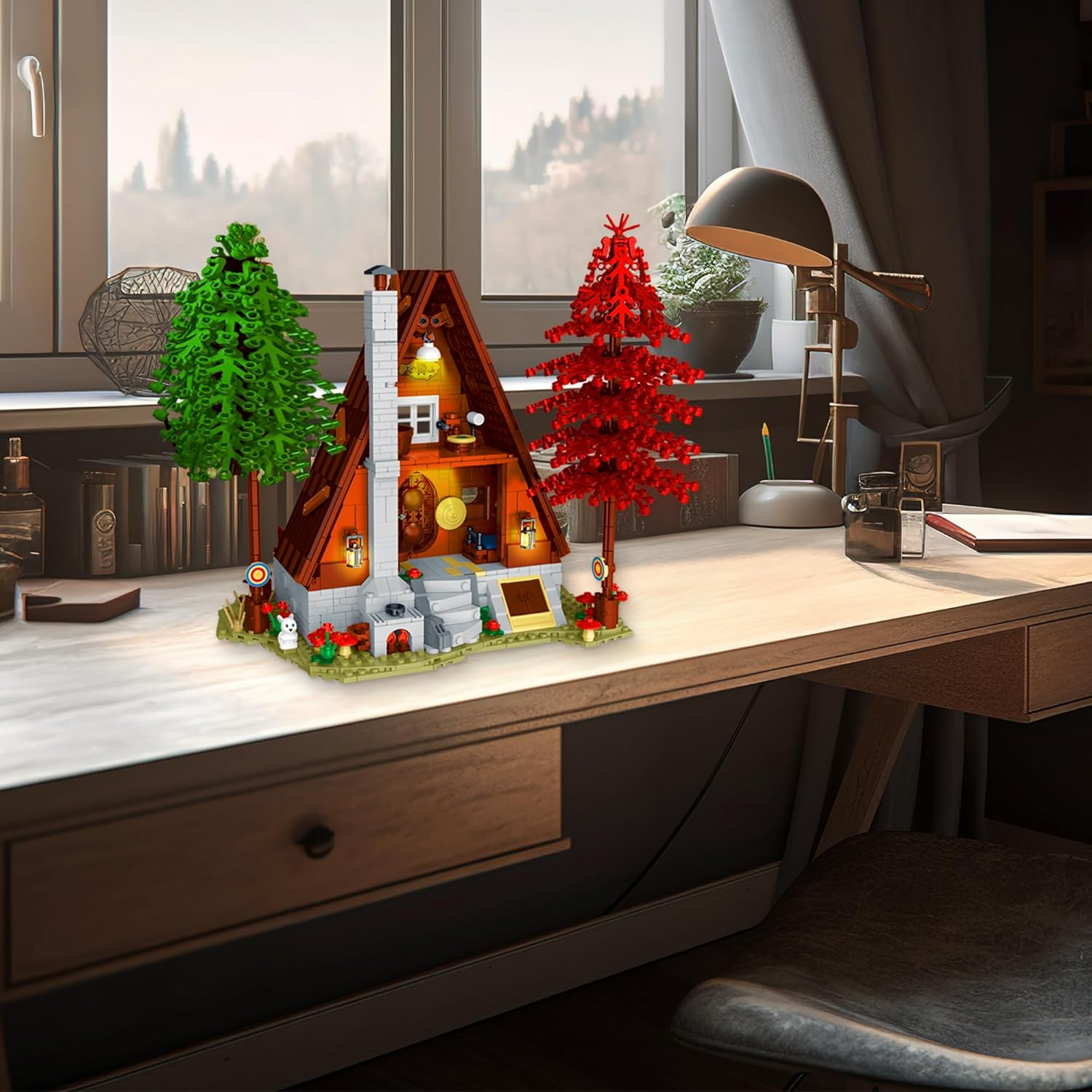MOC – Juego de construcción de cabaña de madera con luces LED, MOC Villa Chalet Construcción, Kit de construcción de casa de cabaña con iluminación