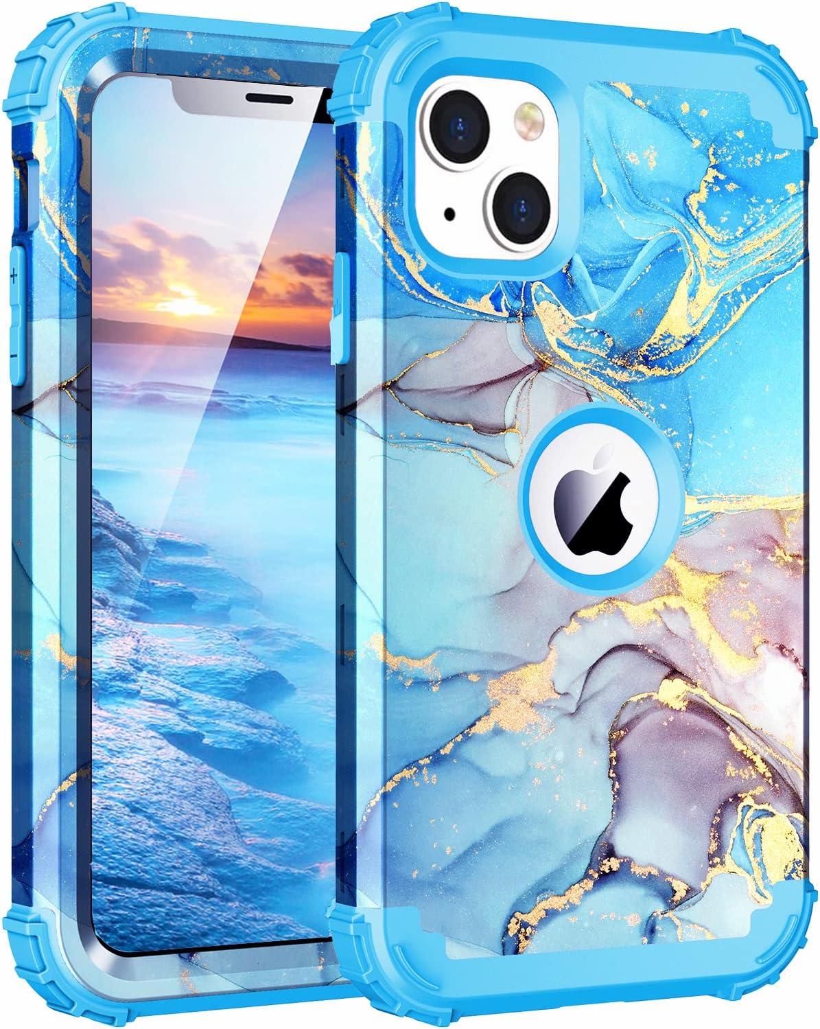 Funda para iPhone 13, tres capas de alta resistencia a los golpes, protección de plástico duro + funda protectora híbrida de goma de silicona suave