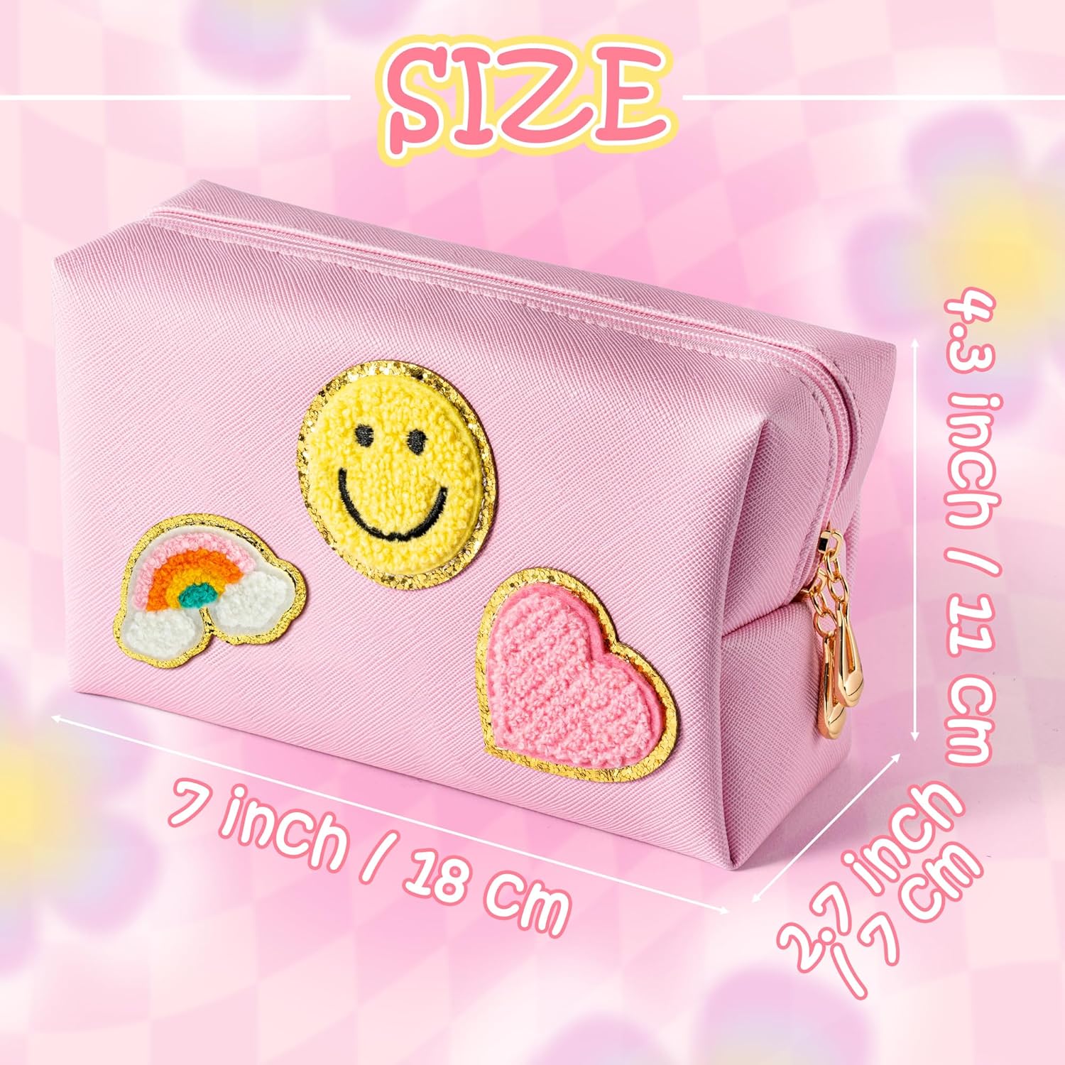 LieToi Preppy Patch – Neceser pequeño de piel sintética con diseño de corazón y rayo y arcoíris, portátil, impermeable, bolsa de maquillaje para uso