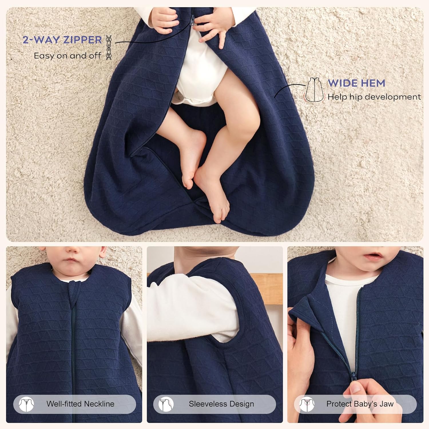 Yoofoss Saco de dormir para bebé de 0 a 6 meses, 2.0 TOG manta para bebé con cremallera de 2 vías, 100% tela de algodón, saco de dormir para recién