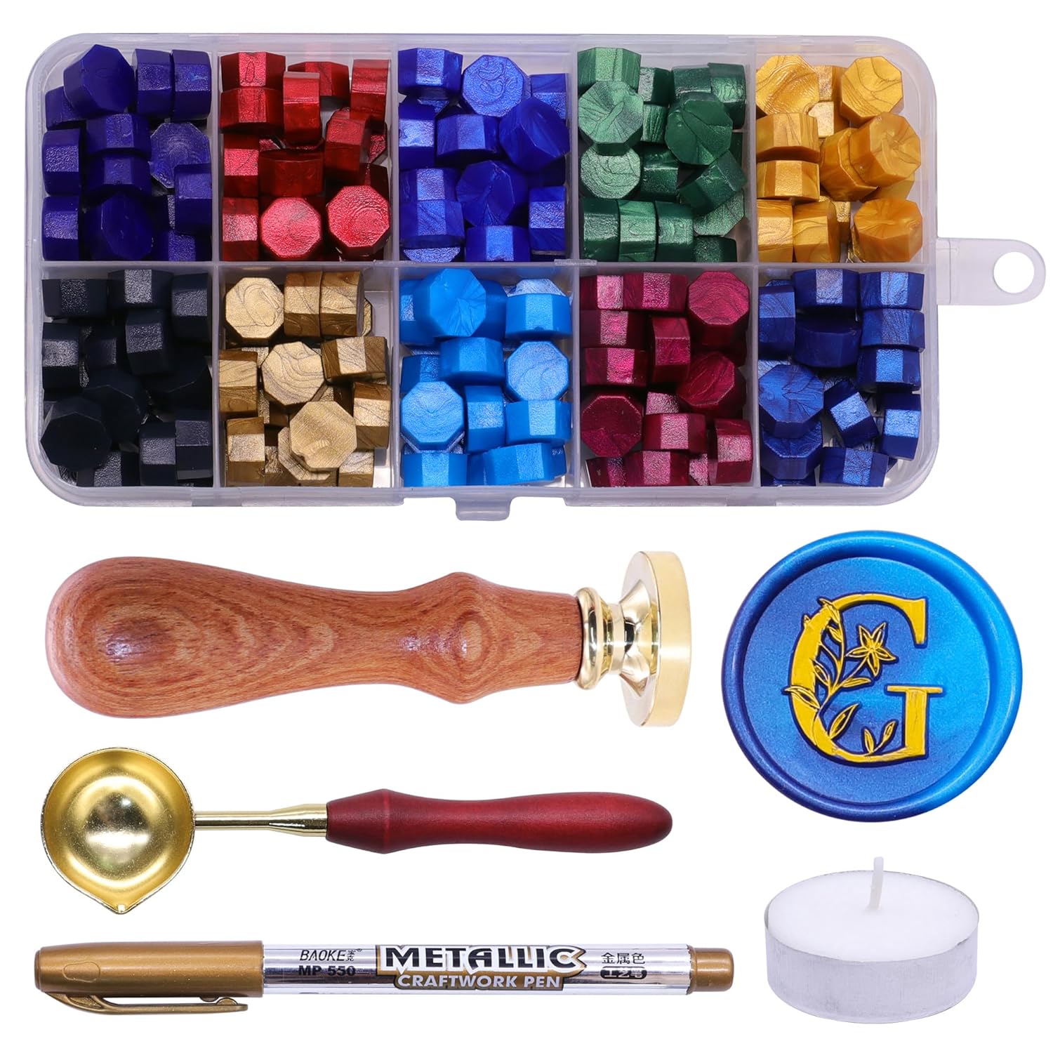 SWANGSA Kit de sello de cera del alfabeto G, elegante sello de sellado de letras florales botánicas con 200 cuentas de cera de sellado (G)