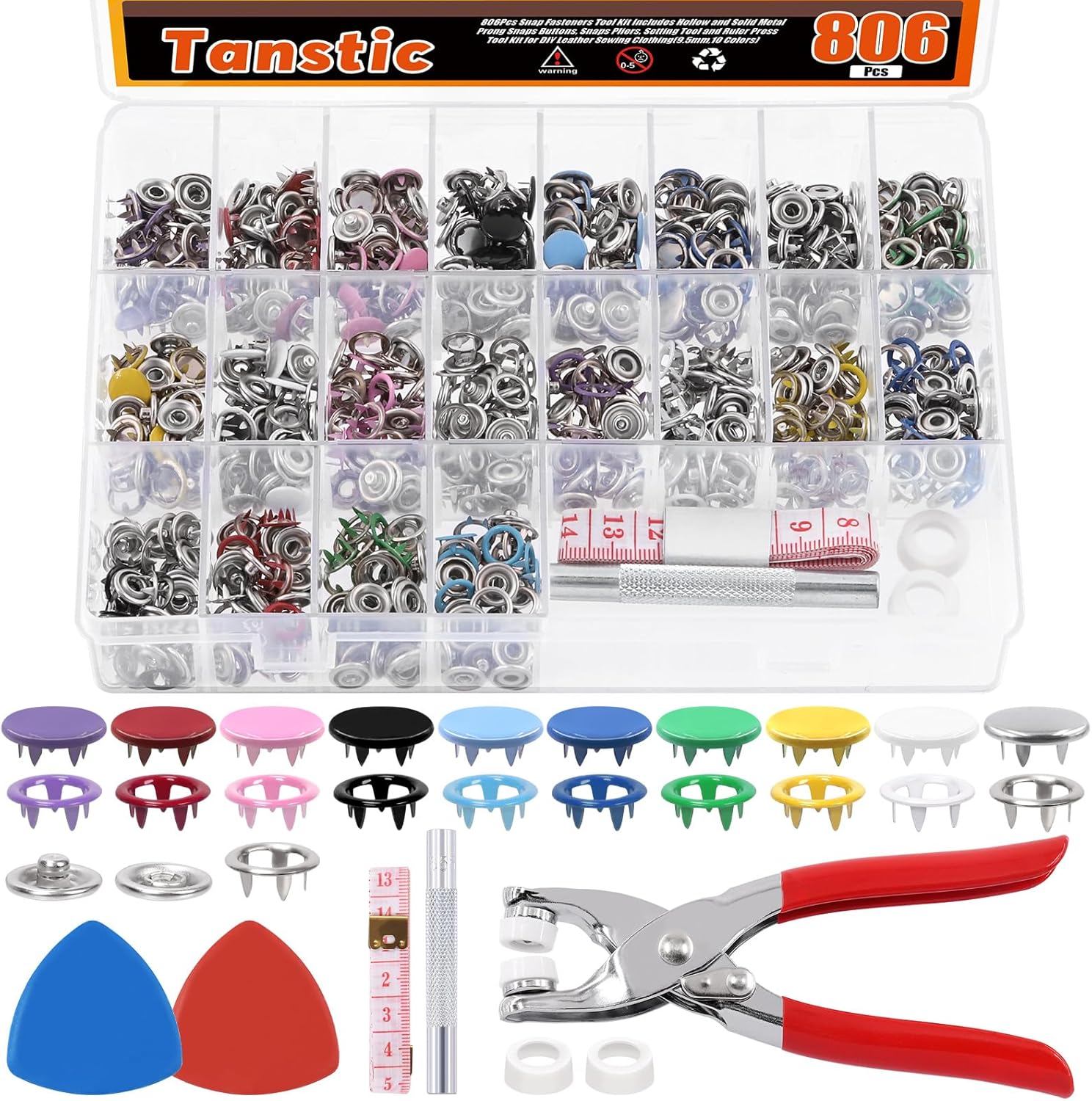 Tanstic 807 piezas (200 juegos) de cierres a presión con kit de herramientas de ajuste, 0.374 in, 10 colores huecos y de metal sólido botones a