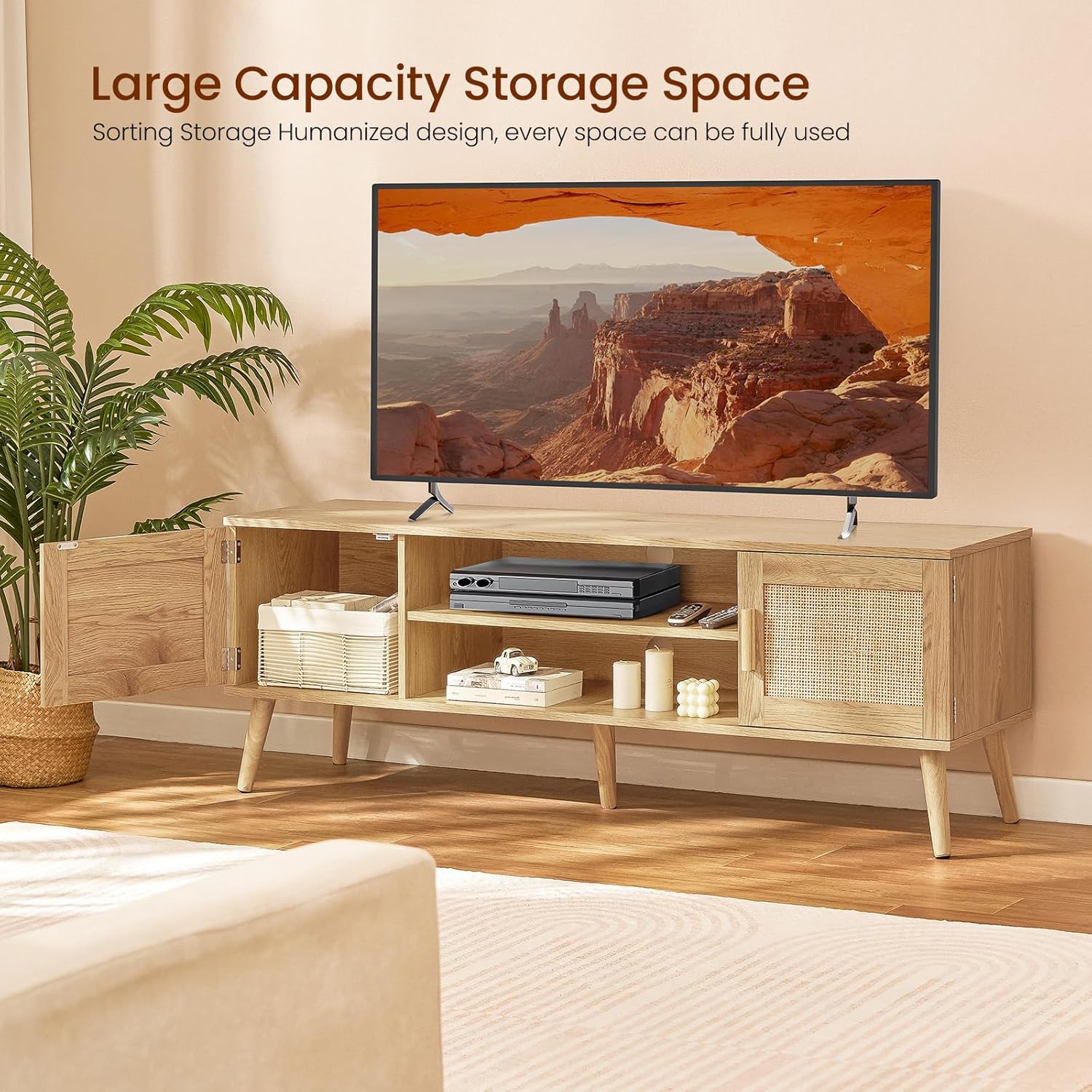 Iwell Soporte de TV bohemio de ratán para TV de 55, 65, 70 pulgadas, consola de TV grande, centro de entretenimiento con estante ajustable y 2