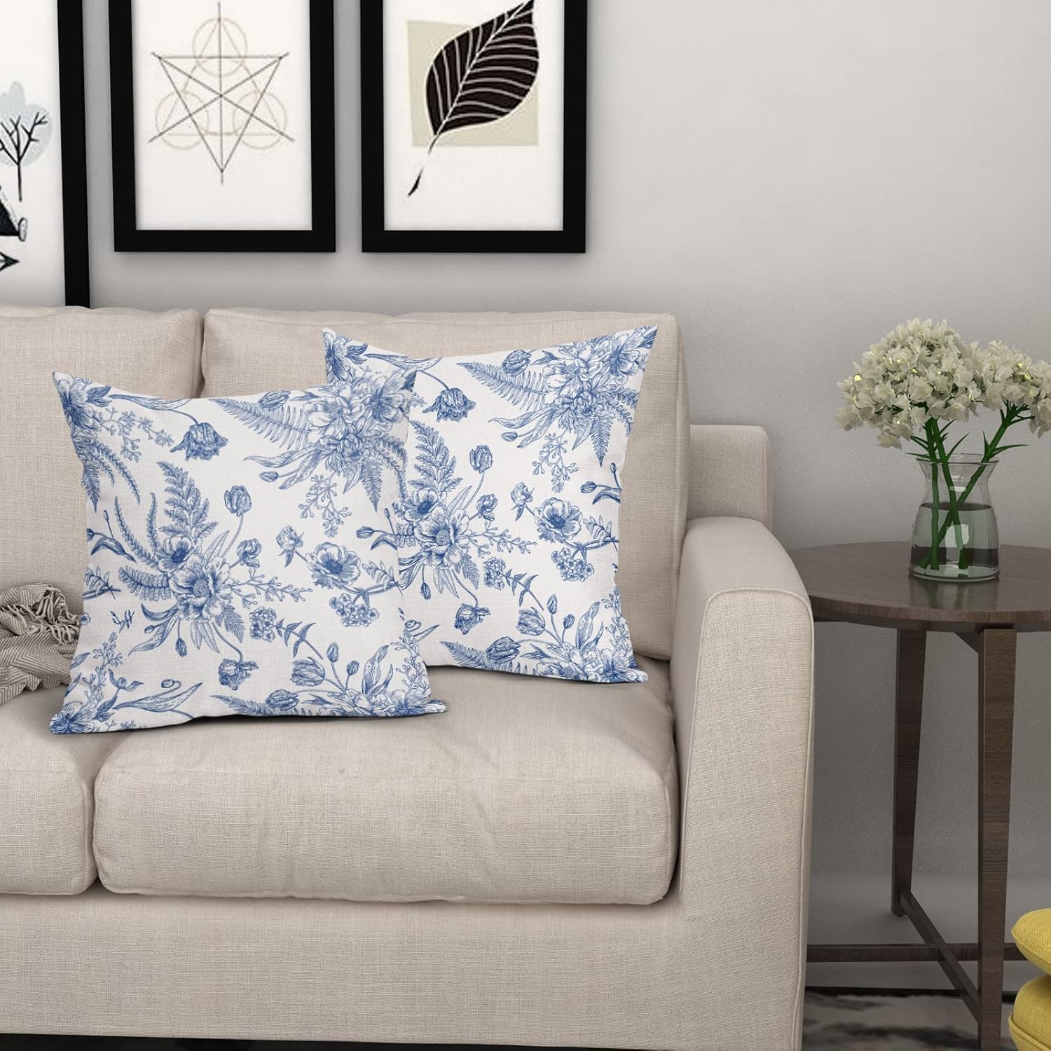 Juego de 2 fundas de almohada de flores azules de 18 x 18 pulgadas, color blanco y azul, fundas de almohada de lino decorativas para exteriores,