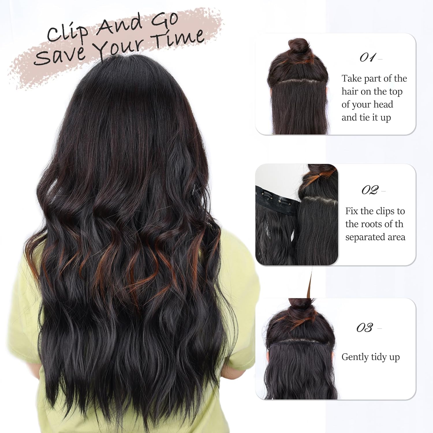 MISSQUEEN Extensión de 20 pulgadas, 4 extensiones de cabello negro natural, extensiones gruesas de doble trama largas onduladas (negro)