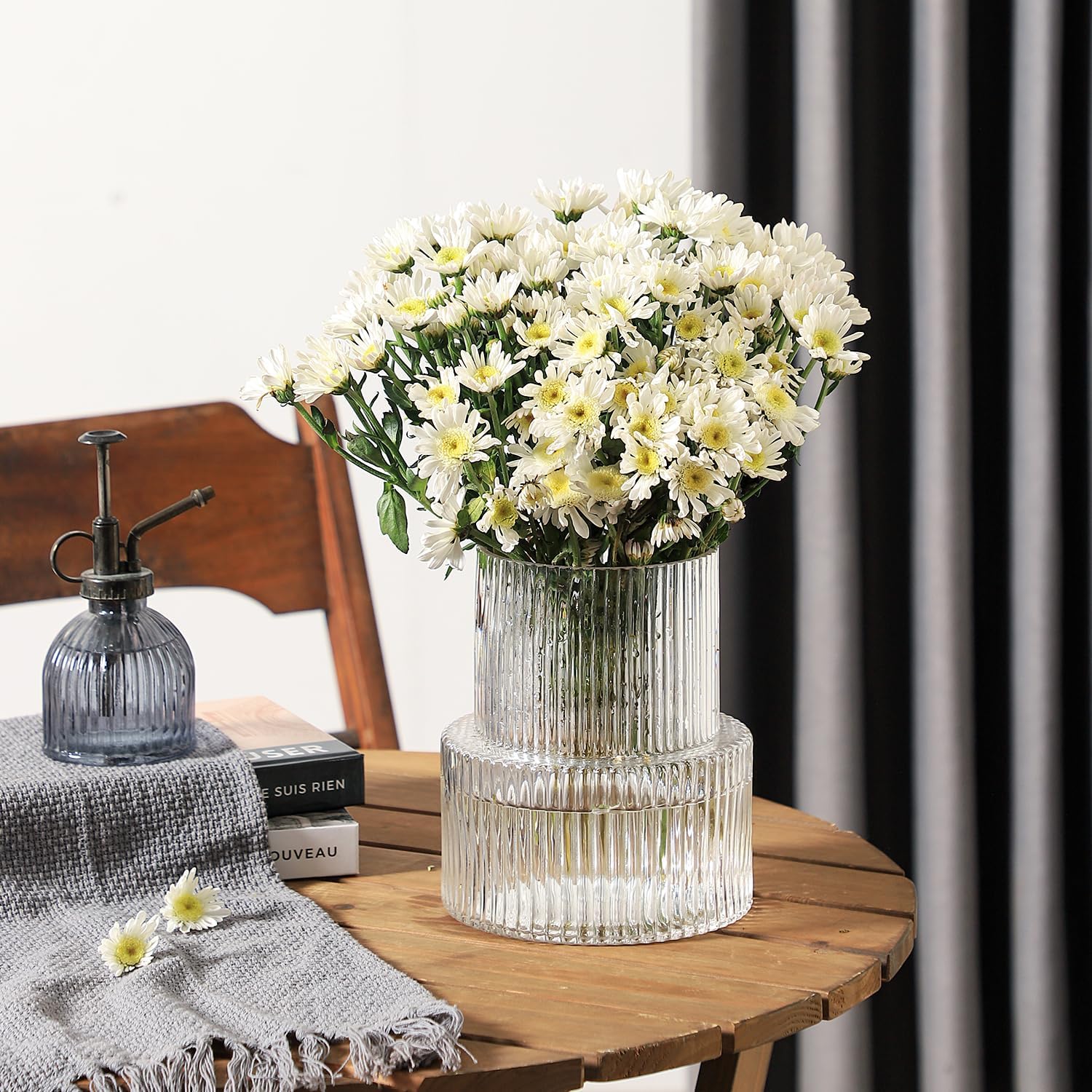 Jarrón de vidrio acanalado para flores, florero de vidrio estriado, florero de cristal acanalado, florero cilíndrico de vidrio, florero de flores