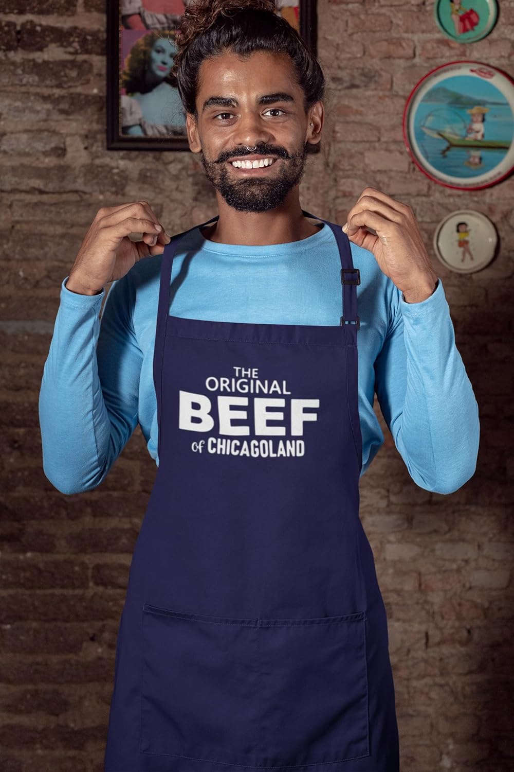 Freedomtees Delantal original Beef of Chicagoland, Bear Mech regalos divertidos, delantales divertidos, delantal de longitud completa con bolsillos,