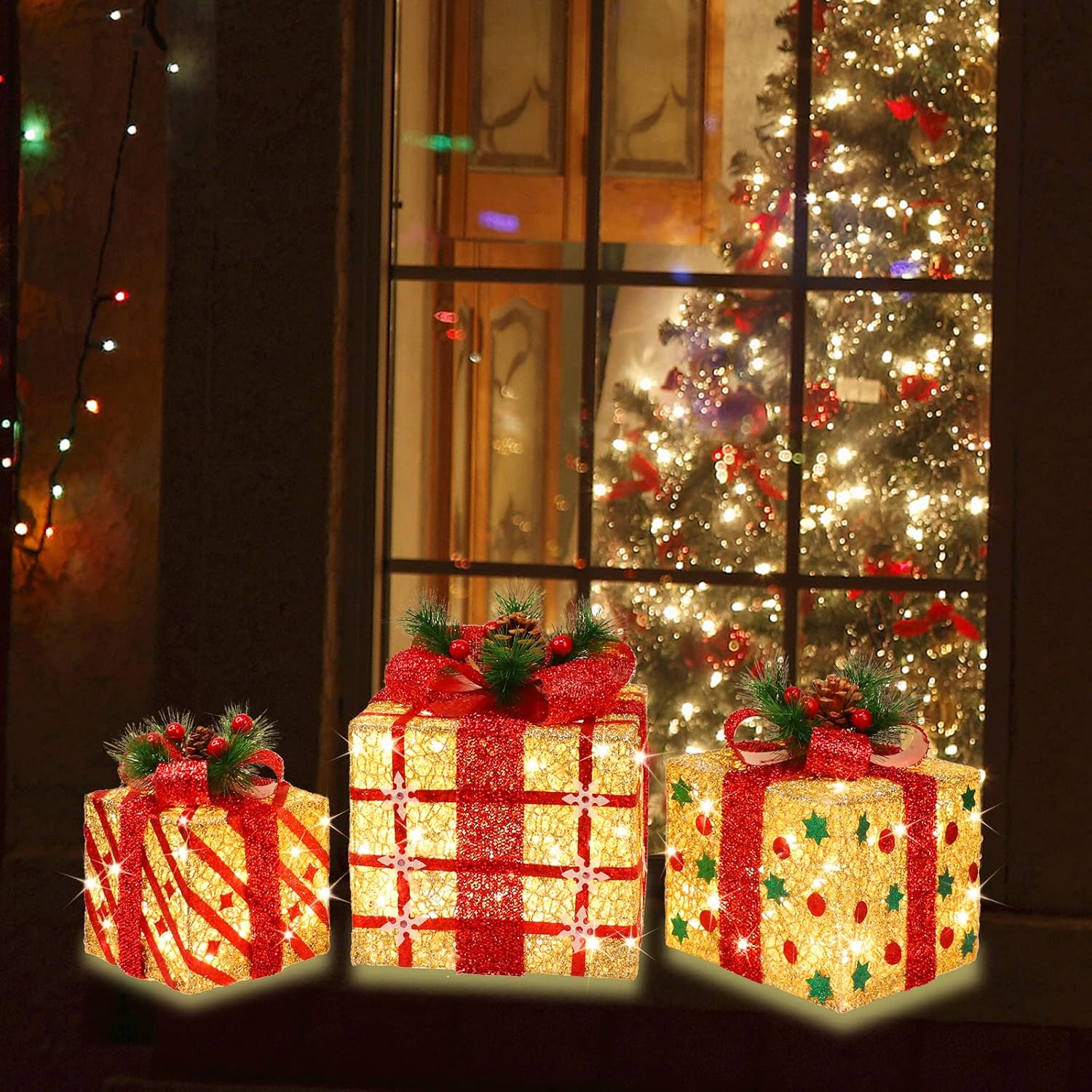 GLOWNOVA Juego de 3 cajas de regalo iluminadas grandes de 9.5 x 8 x 6.5 pulgadas, 70 luces LED superbrillantes con intermitentes, para interiores y