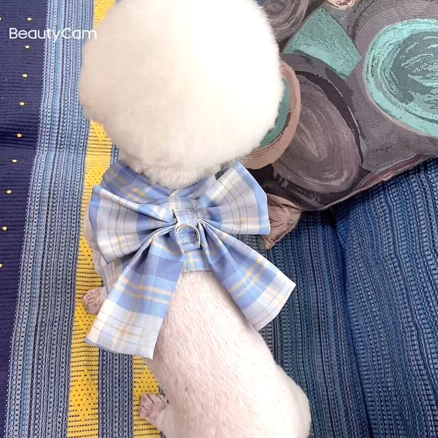 Juego de vestido a cuadros para perro, arnés y correa, ropa para perro con anillo para correa para perros pequeños y niñas, ropa de conejo princesa