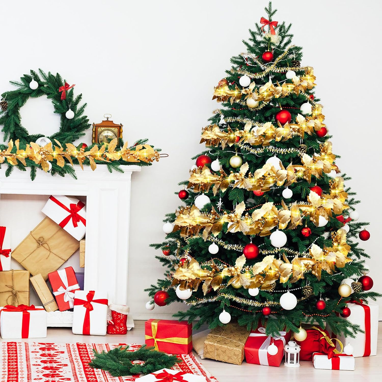Syhood Guirnalda de bayas de Navidad de 6 pies, guirnalda de hojas de acebo iluminada para interiores, guirnalda artificial de otoño, decoración de