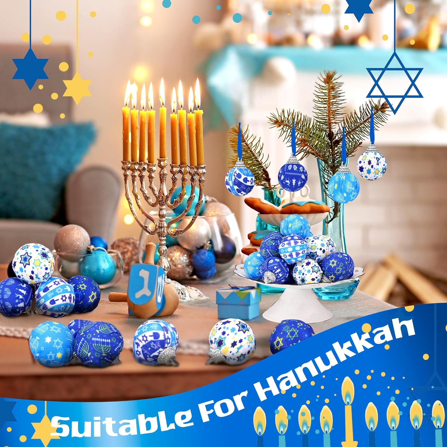 24 adornos de bola de Hanukkah, adornos de árbol de Hanukkah, adornos azules y blancos, decoración de árbol de Navidad para Hanukkah, fiesta de